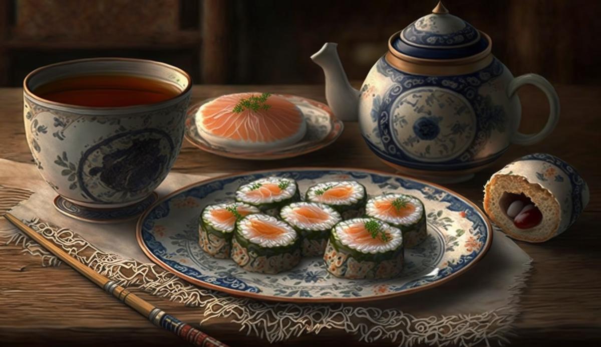 Tea drinking with sushi in the kitchen in Russia from dishes painted with Gzhel.