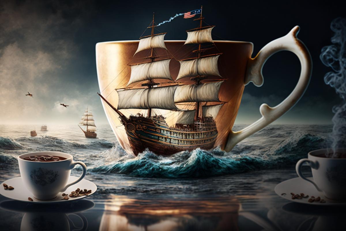 Boston Tea Party. Frigates swim in the sea of ​​tea. The smell of determination and freedom is in the air. High detail. Artistic photography.