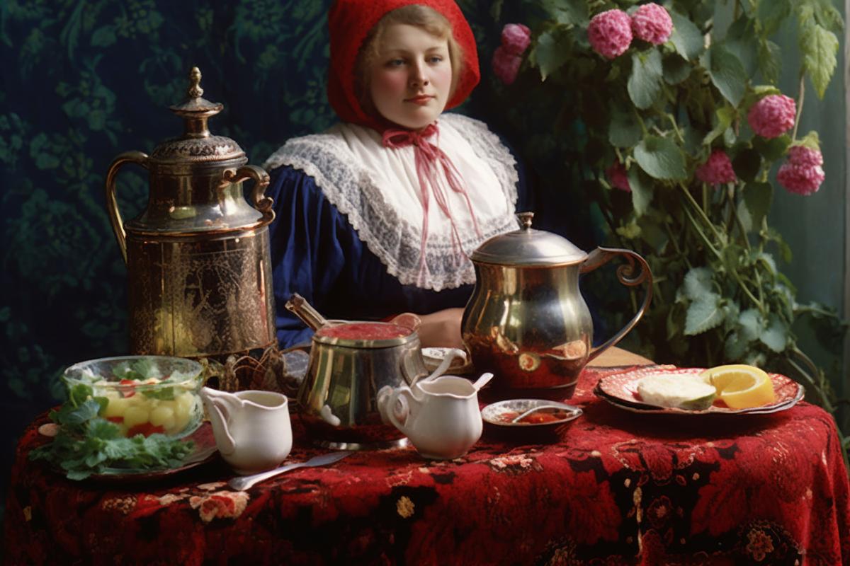 Tea drinking in Russia. Samovar. Pancakes. Raspberries. Photography in the style of Prokudin-Gorsky.