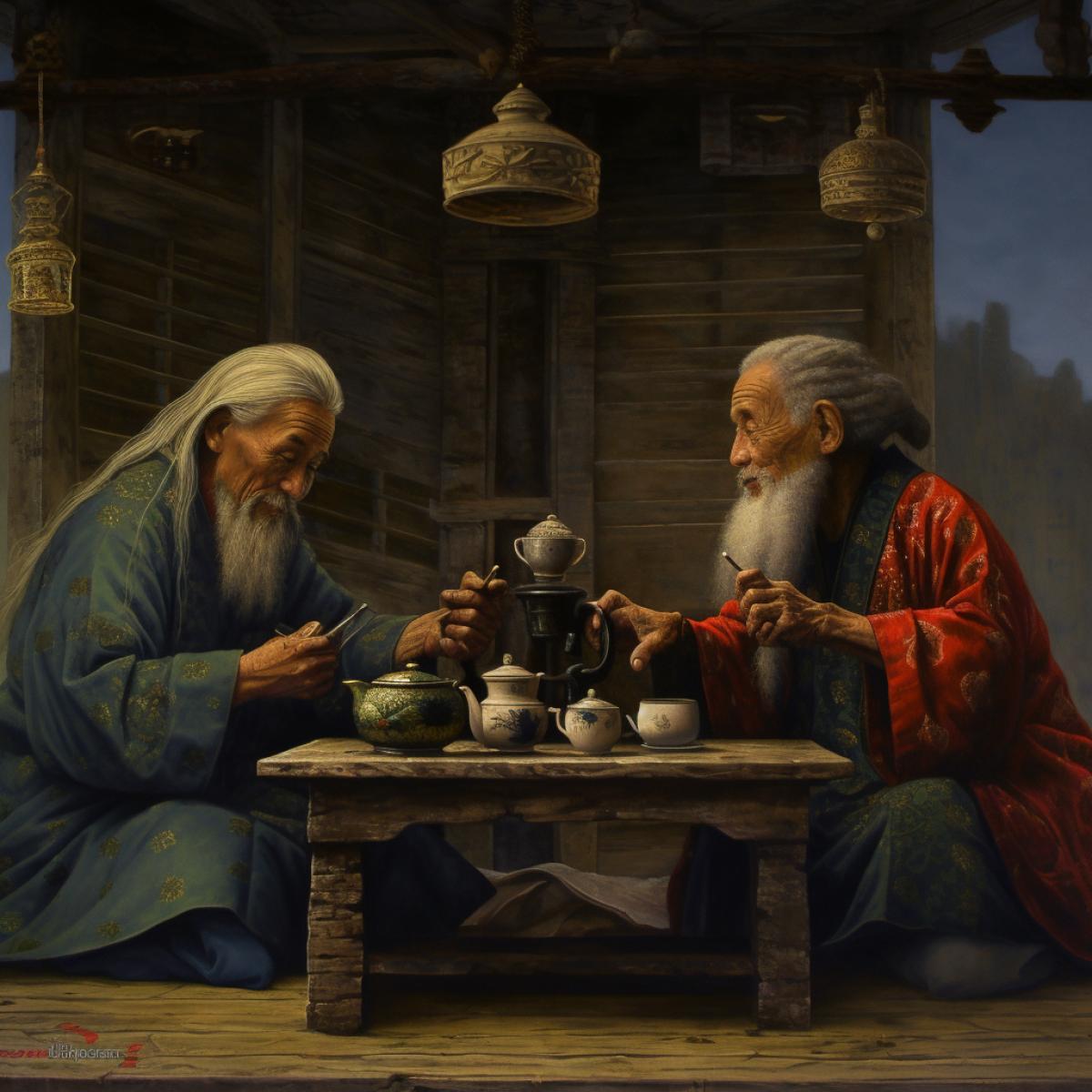 Tea ceremony, two wise men, conversation, wooden furniture, harmony, silence, twilight