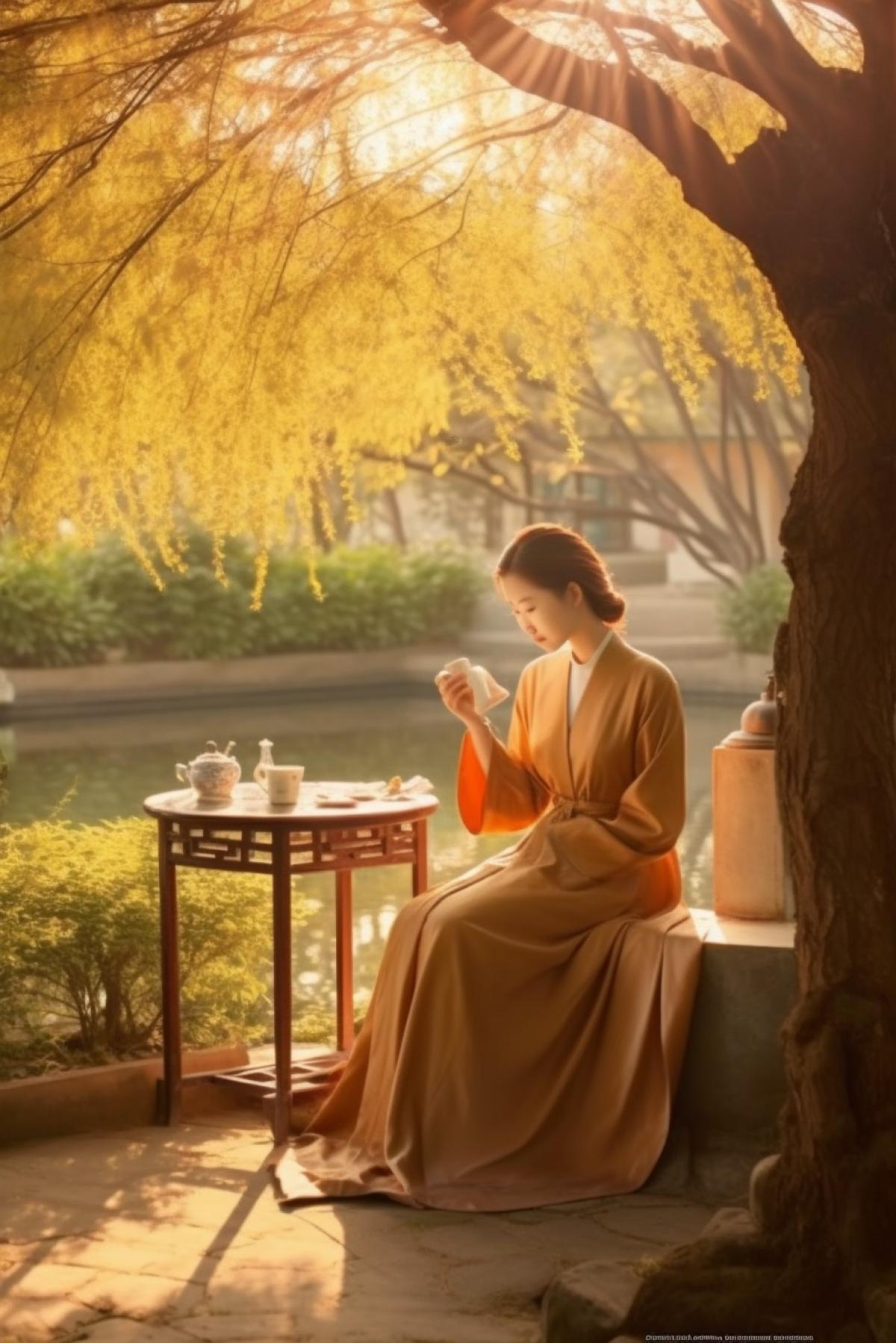 Elegant Chinese tea ceremony in a mysterious garden