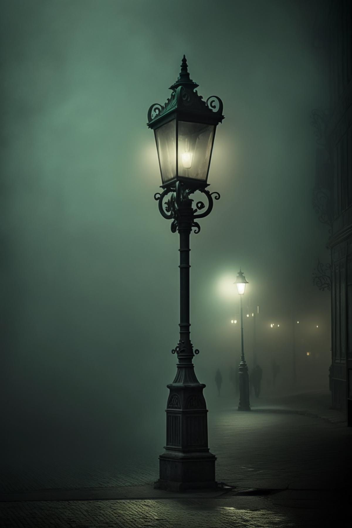 gas lamp in the dark of a foggy street