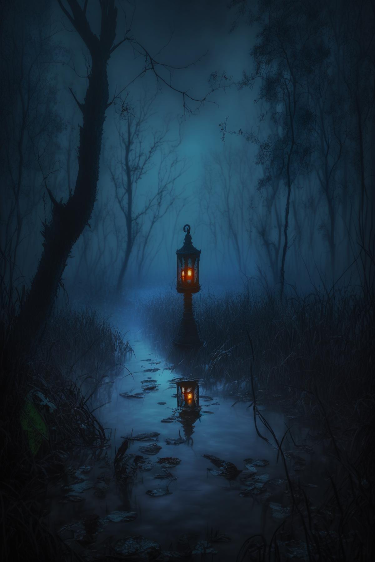 Mysterious lantern in the fog in the swamp