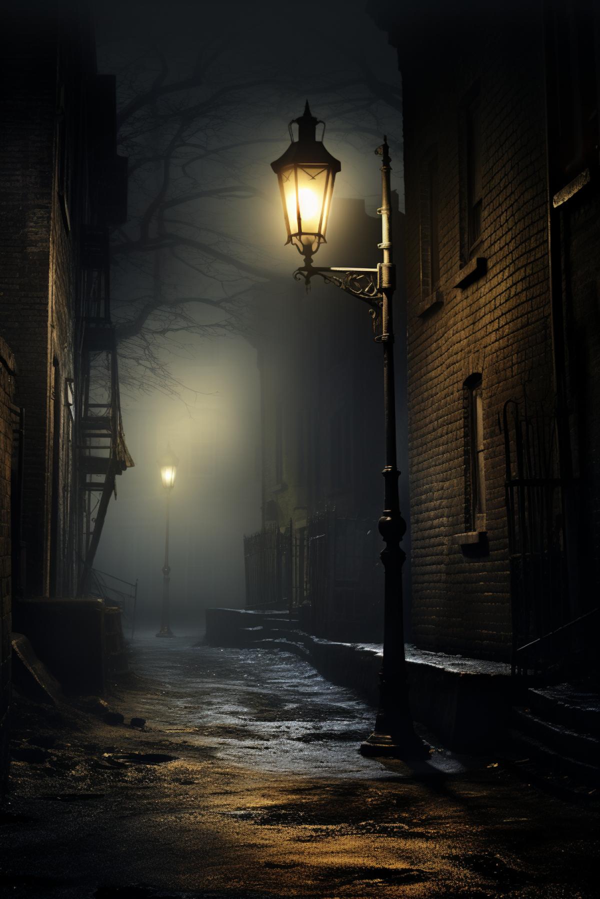 Mysterious Lamp: A lonely lantern illuminates an empty street in a dark alley. Someone watches him from the shadows as the fog begins to rise.