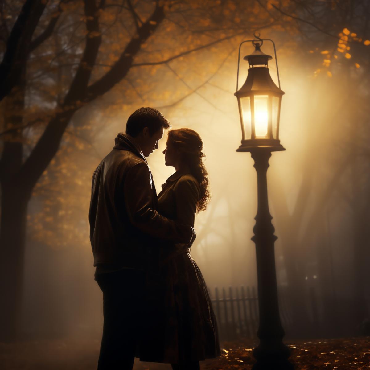 Romantic meeting: A couple stands under a lamp in the park, hugging and looking into each others eyes. Lantern lighting creates soft diffused light and creates an atmosphere of tenderness and romance.