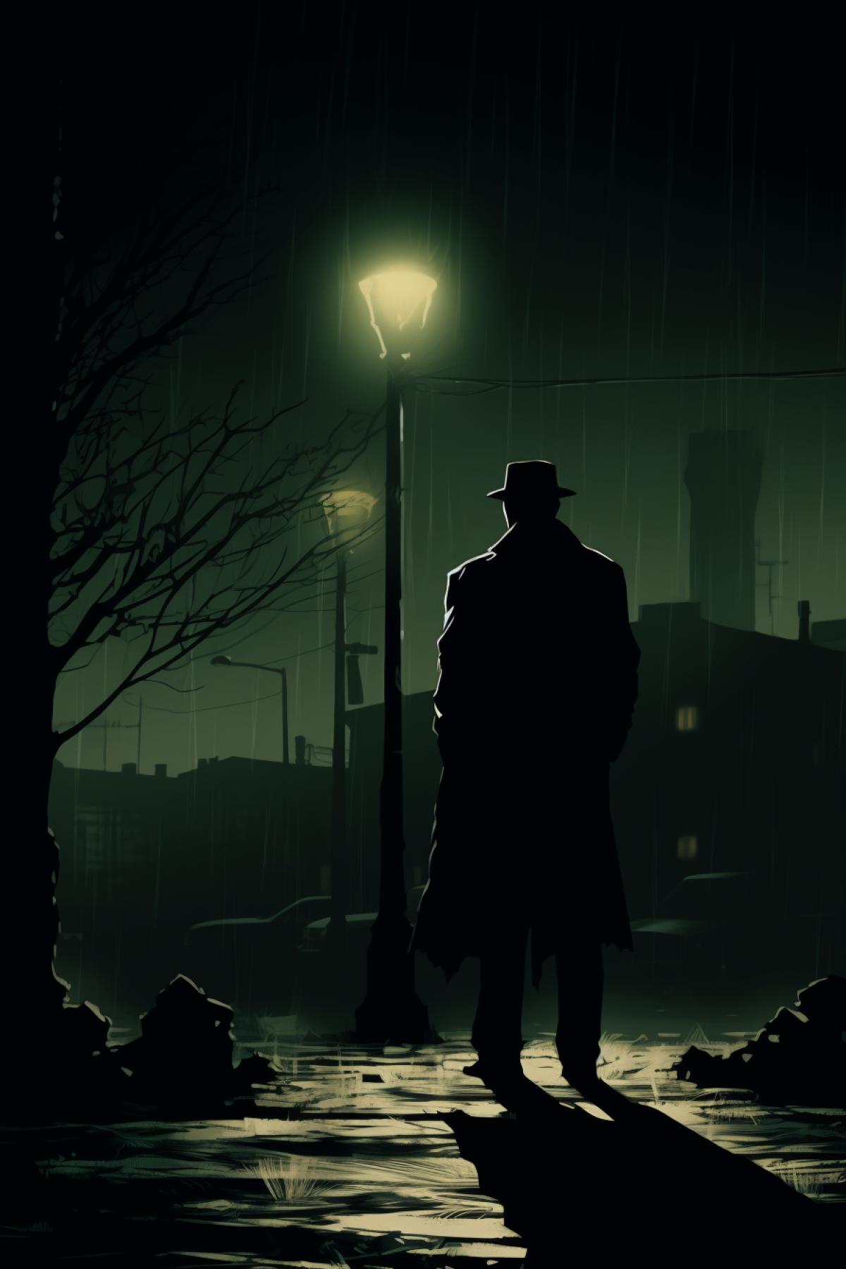 Noir Adventure: A detective stands under a lamppost on an abandoned street, smoking a cigar and contemplating his next move. His silhouette stands out clearly against the darkness, creating the atmosphere of a detective thriller.