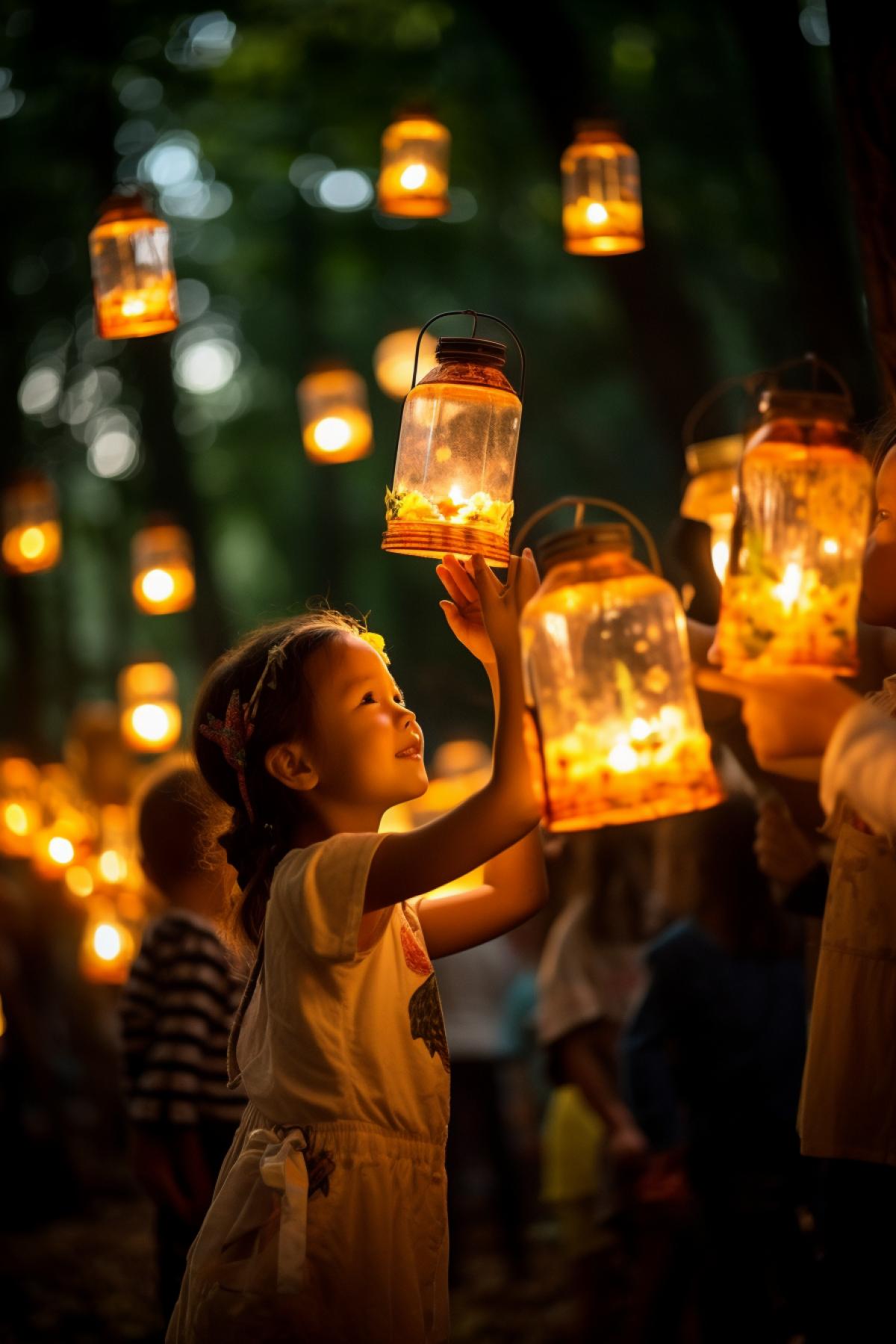 Magic lanterns: The park has bright lanterns that glow at night. Children look at them with admiration, their gaze is full of magic and surprise.