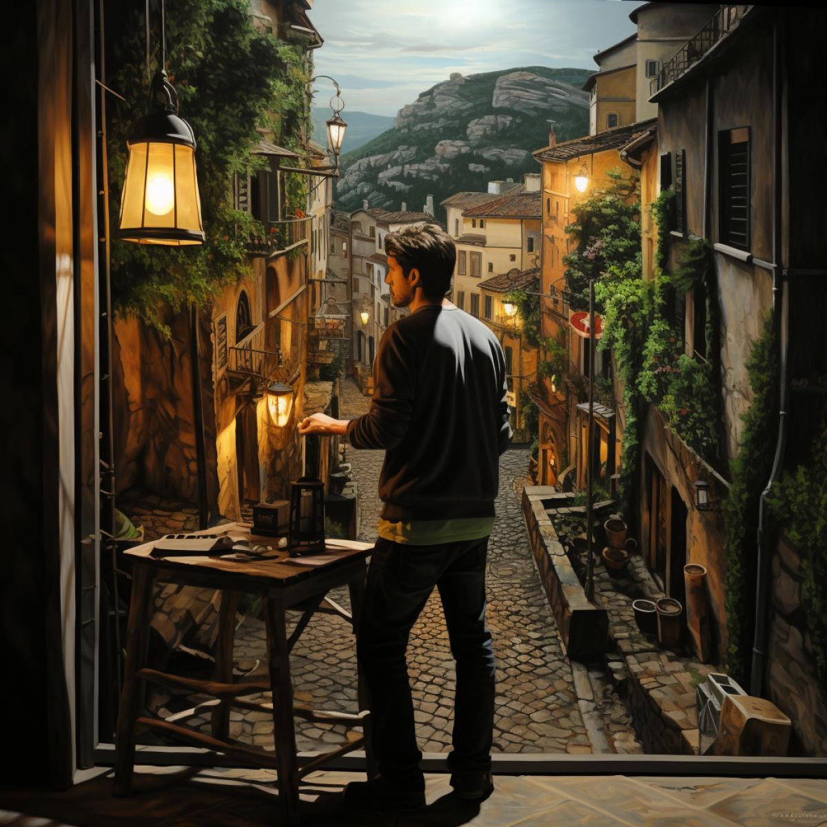 Art and beauty: An artist paints a landscape of a street with a lantern. He uses the play of light and shadow from a lantern to convey the atmosphere and mood of a place on canvas.