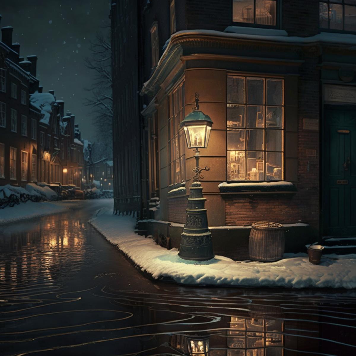 Night, icy ripples of the canal, pharmacy, street, lantern