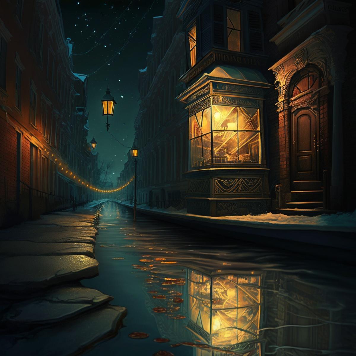 Night, icy ripples of the canal, pharmacy, street, lantern
