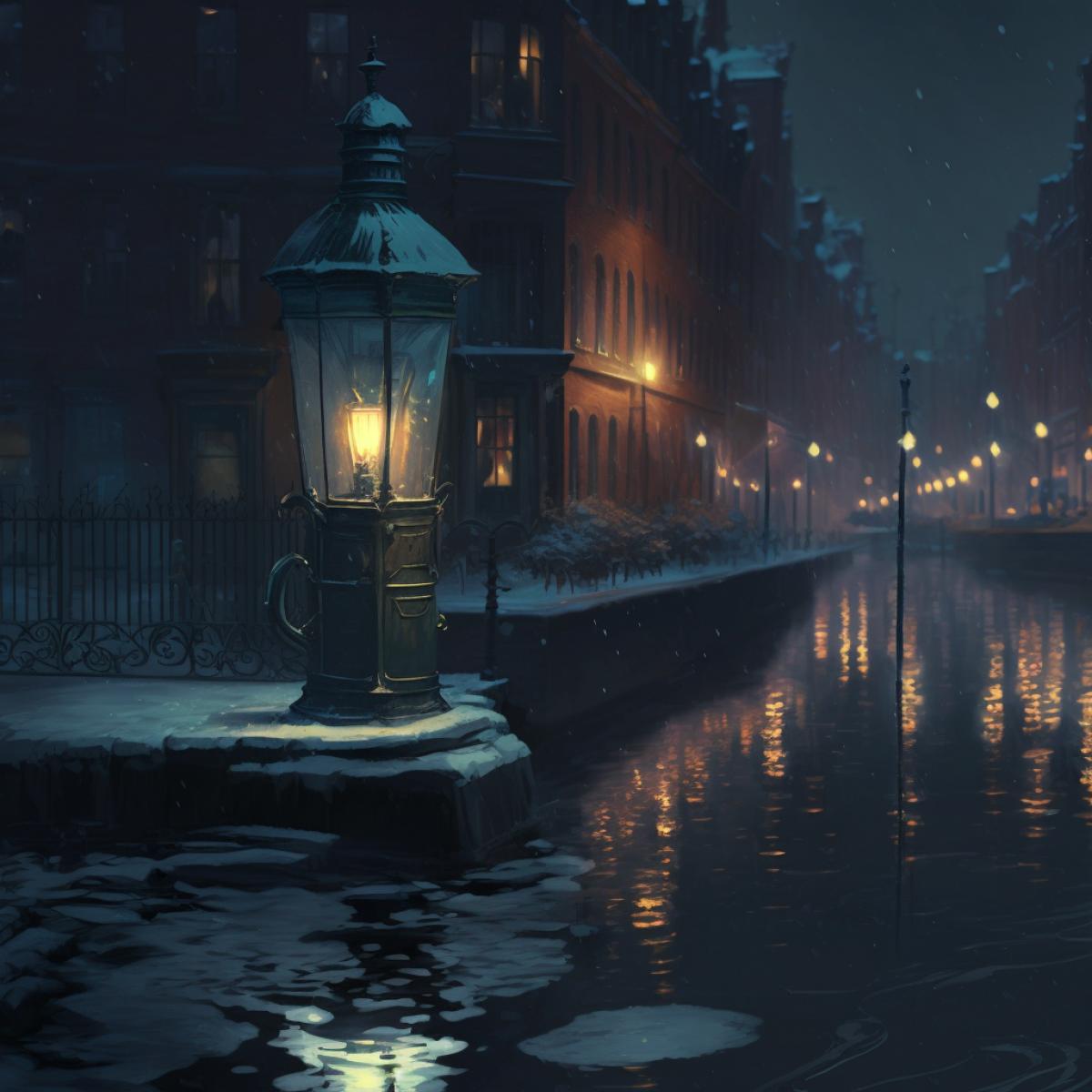 Night, icy ripples of the canal, pharmacy, street, lantern, haze