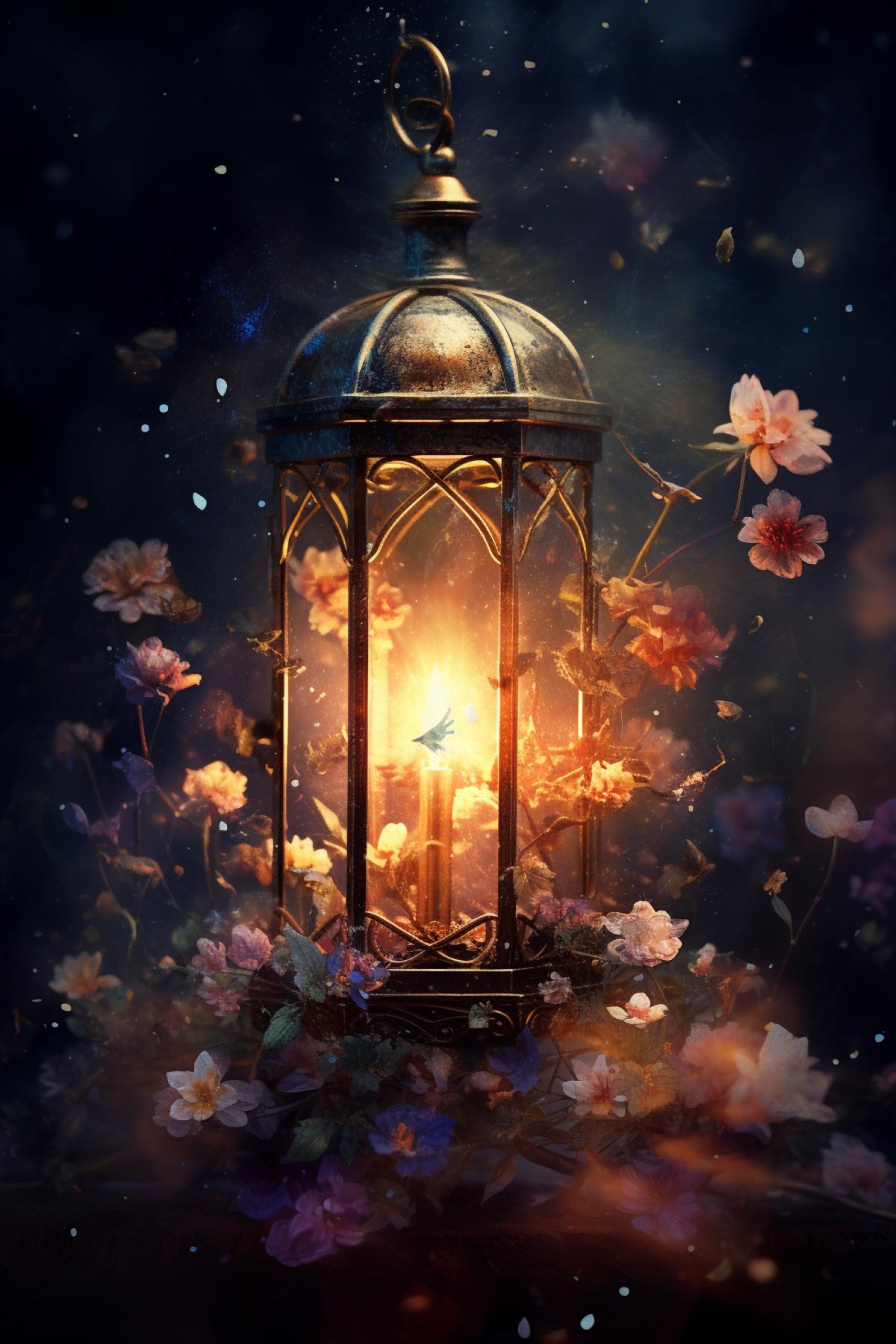 Vintage lantern, flowers in full bloom, fireflies, whirlwind of sparks, fantasy art, ultradetalization, hyperrealism, glitter and shimmer, high-precision detailing, bokeh and shimmering dust, fog, gloomy world, splashes of light