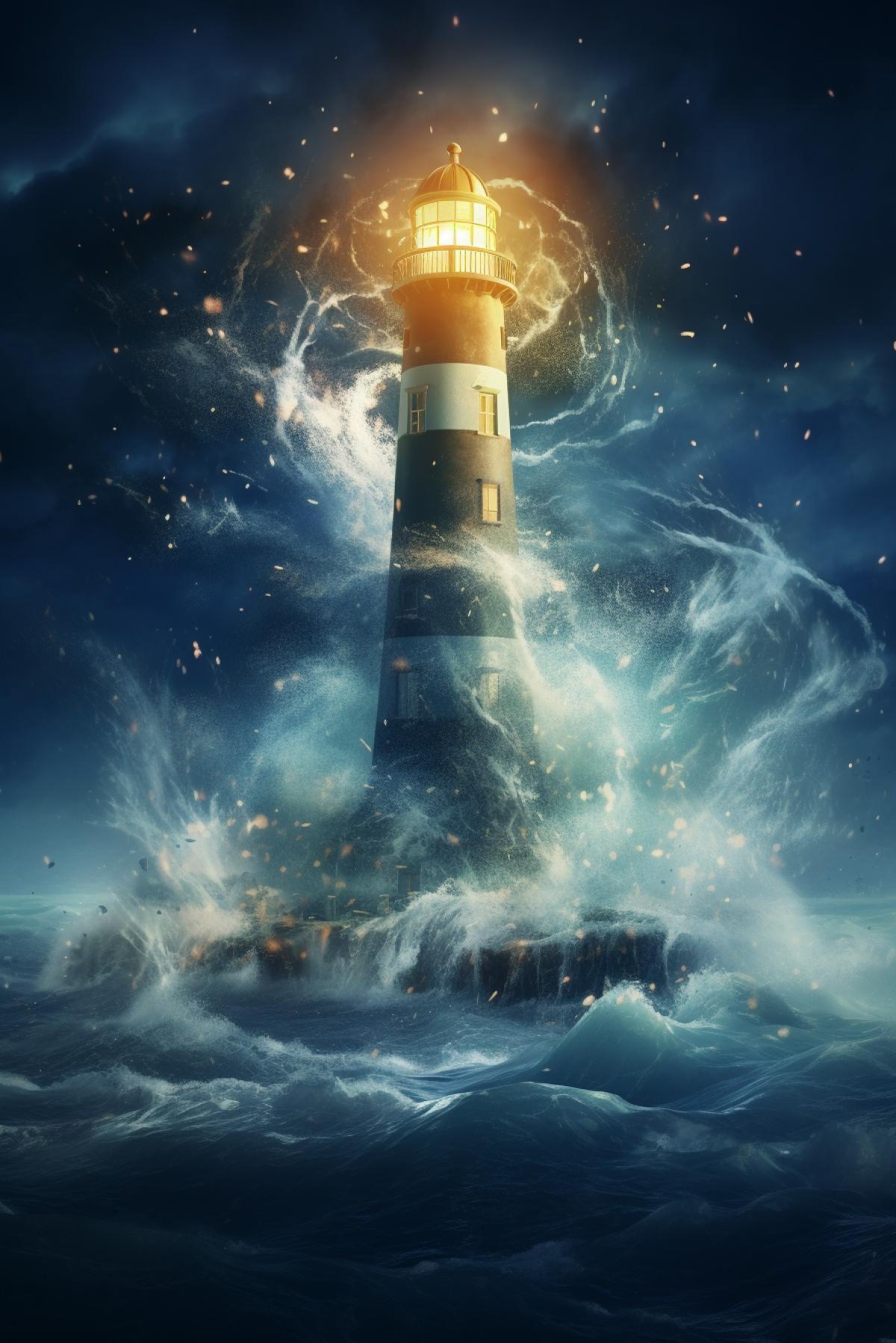 Magic Lighthouse lighting in the night, whirlwind of sparks, fantasy art, ultradetalization, hyperrealism, glitter and shimmer, high-precision detailing, bokeh and shimmering dust, fog, gloomy world, splashes of light