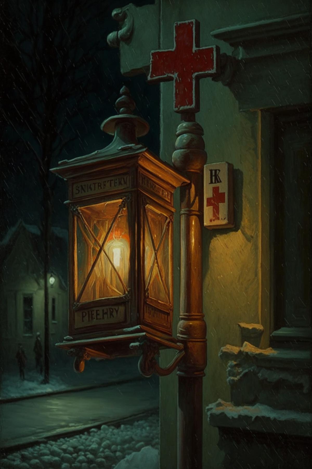 Night, Street, Lantern, Pharmacy sign red cross, Dim light, Oil painting