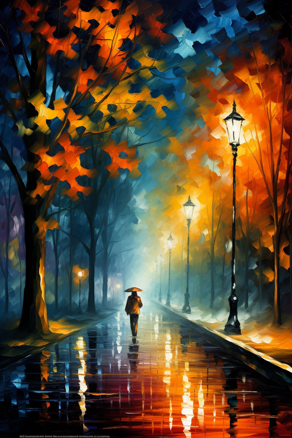Lanterns lighting, autumn street, October, rain, beautiful lighting, Leonid Afremov style