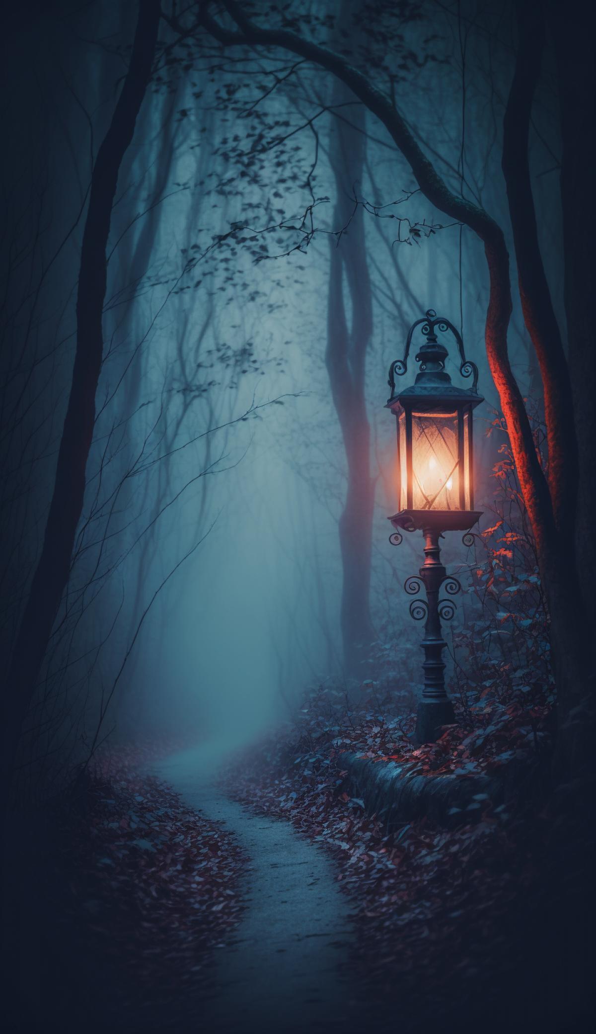 Cinematic shot, 18th century gas lamp, standing on a forest path in the thicket of a forest at night, wide view, mysterious atmosphere, fog, cool tones, dark blue and red, Photographer Elsa Bleda