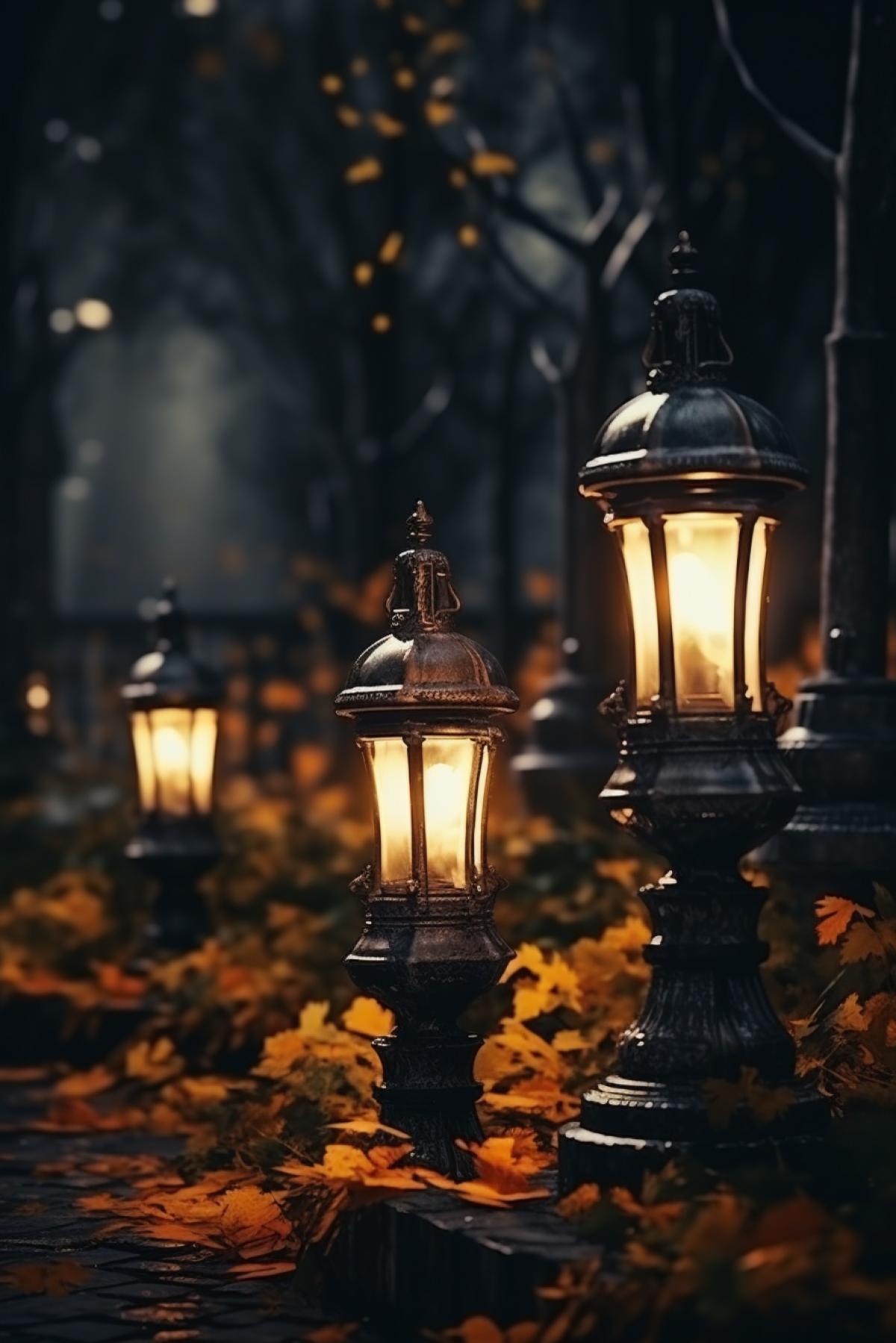 Icon-Lampades lighting on the graves, cemetery, autumn, October, night, photorealistic