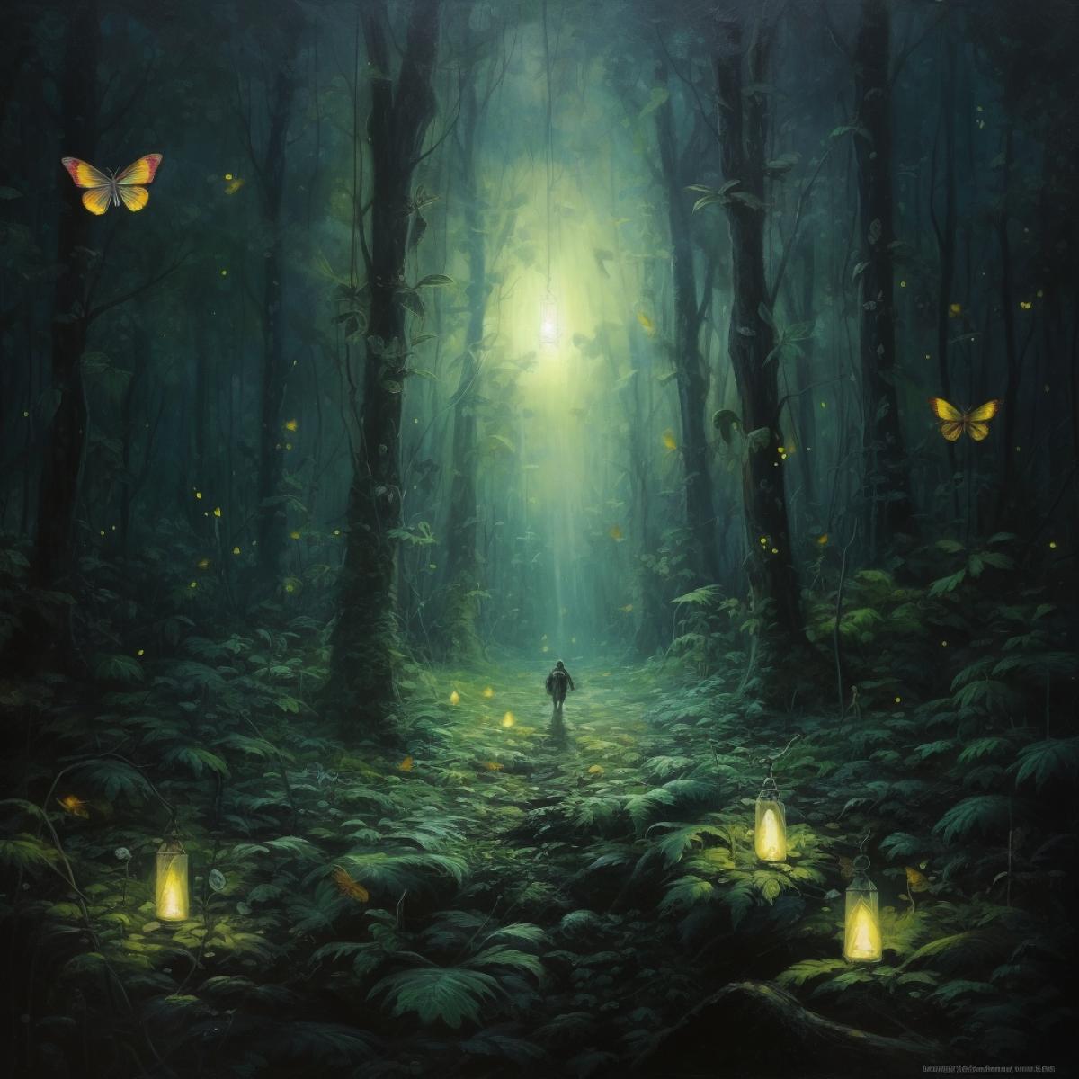 Dense forest, darkness, monster hiding in the bushes, lamppost, bright light, butterflies, fireflies, hope
