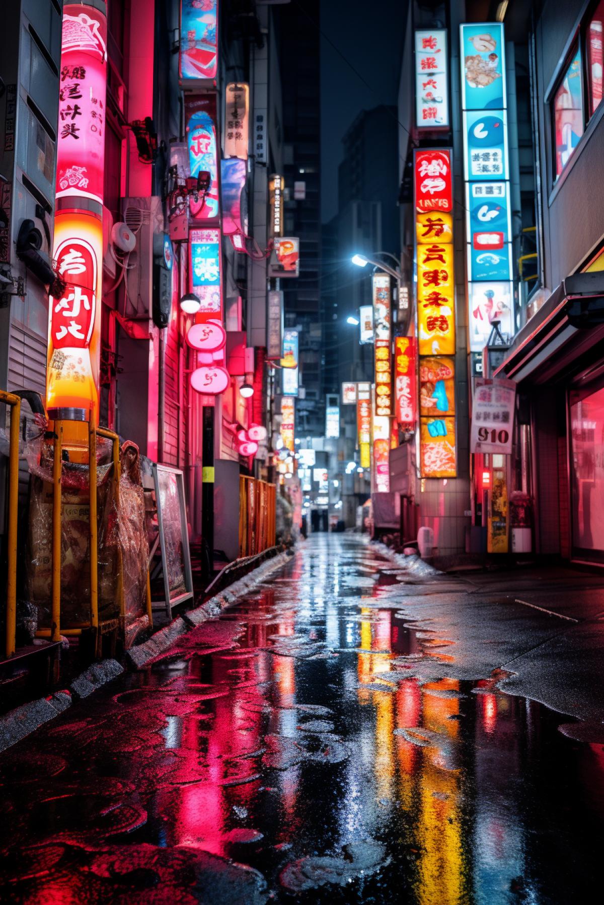 street lights in the distance, in the style of nikon d850, psychedelic manga, urban signage