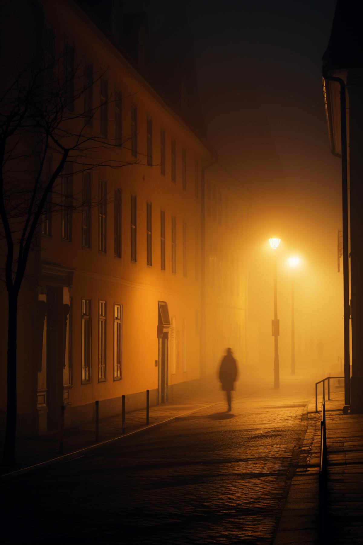 fog at night in a town, in the style of zeiss milvus 25mm f/1.4 ze., eerily realistic, quint buchholz, leica cl, light amber, unsettling atmospheres, philippe parreno