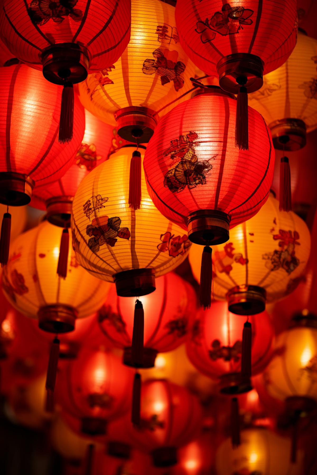 many chinese lanterns with chinese writing on them, in the style of light red and yellow, nikon d850, topcor 58mm f/1.4, light white and gold, matte photo, pop-inspired installations, brian sum