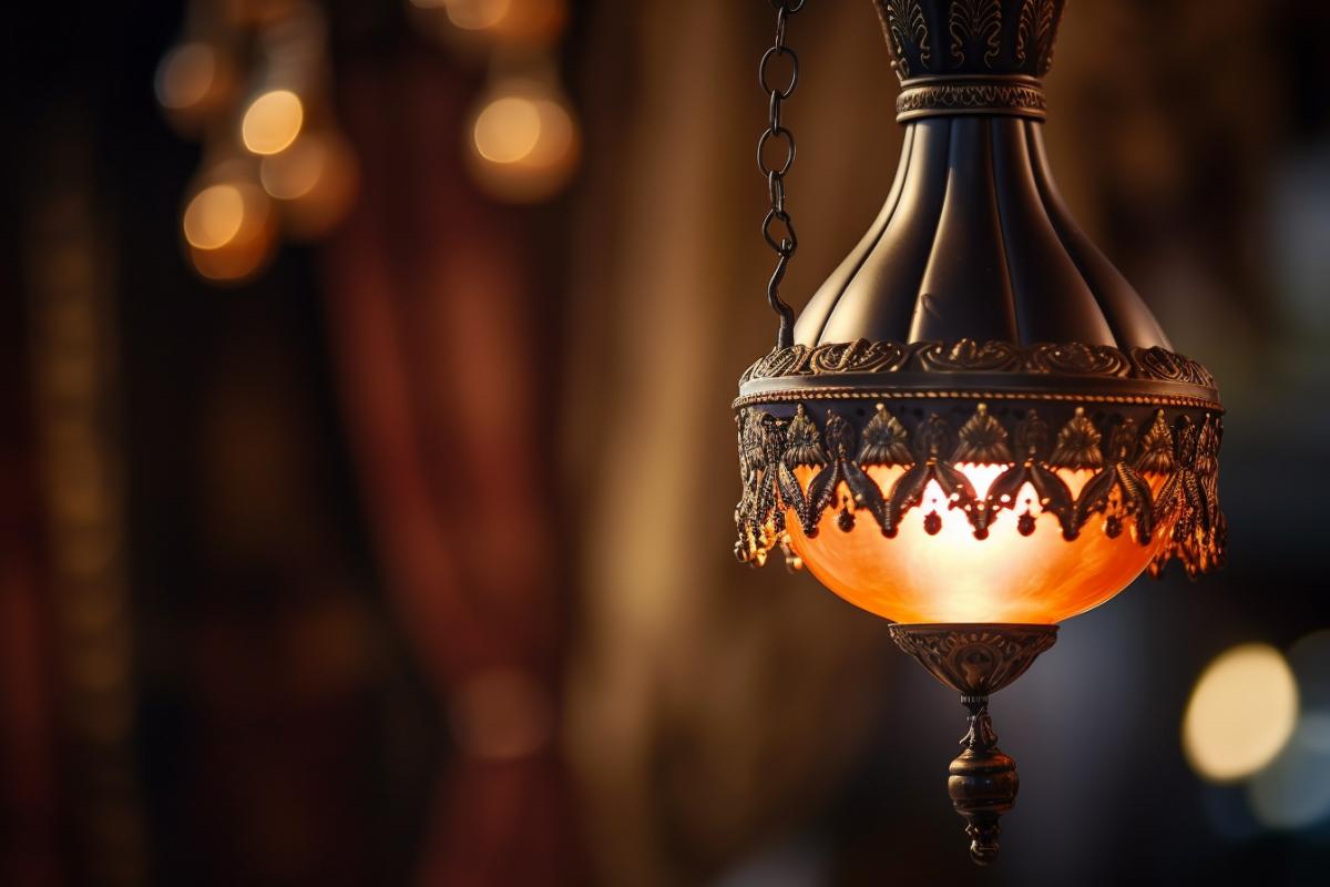 antique lamp with glpendants, close up shot, strong light, flare style, bokeh style, high quality photo