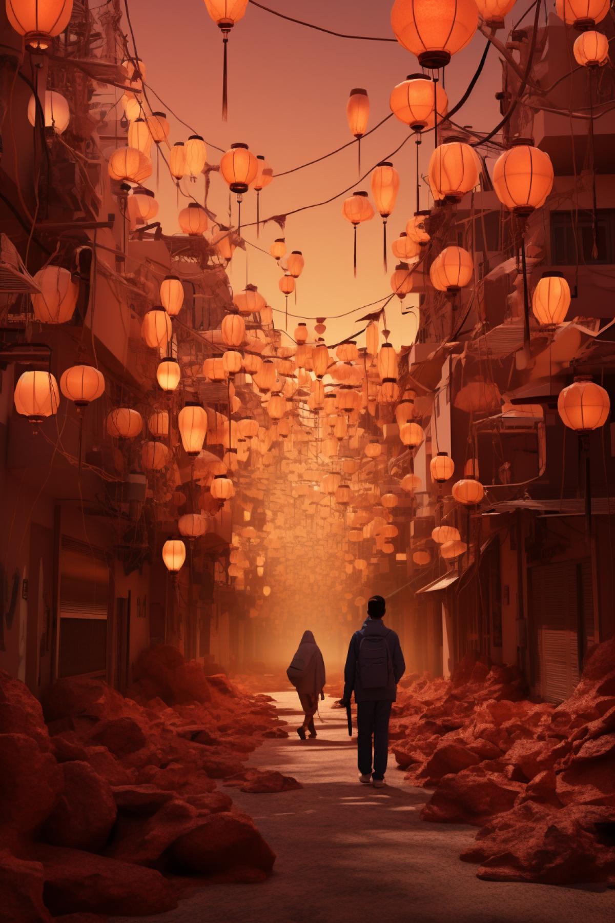 people walking along a street with lanterns hanging, in the style of landscape photography, 32k uhd, asian-inspired, light maroon and orange, photo-realistic hyperbole, flickr, dusty piles --no watermark