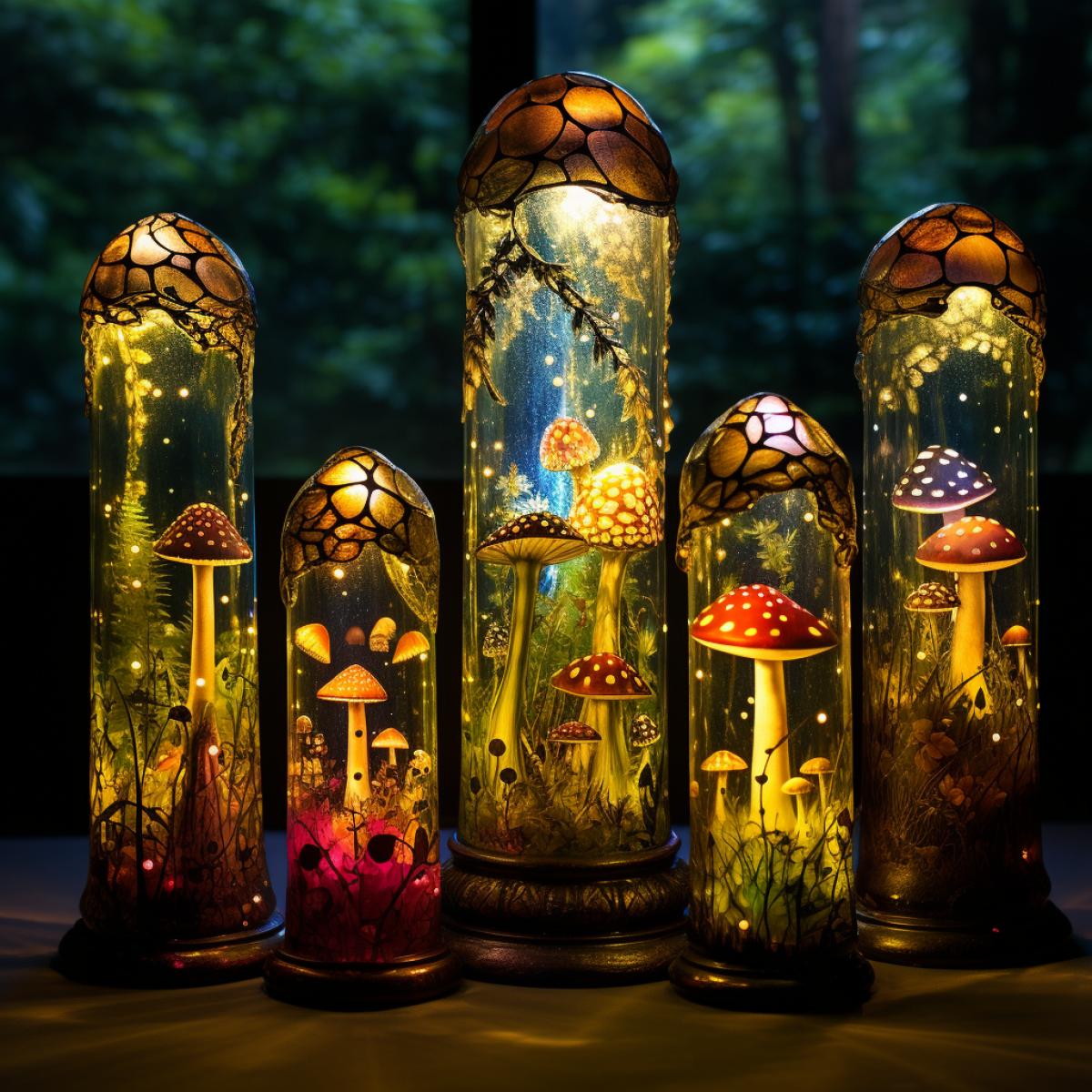 Elongated mushroom flashlights, bees and stained glass, vintage fantasy city