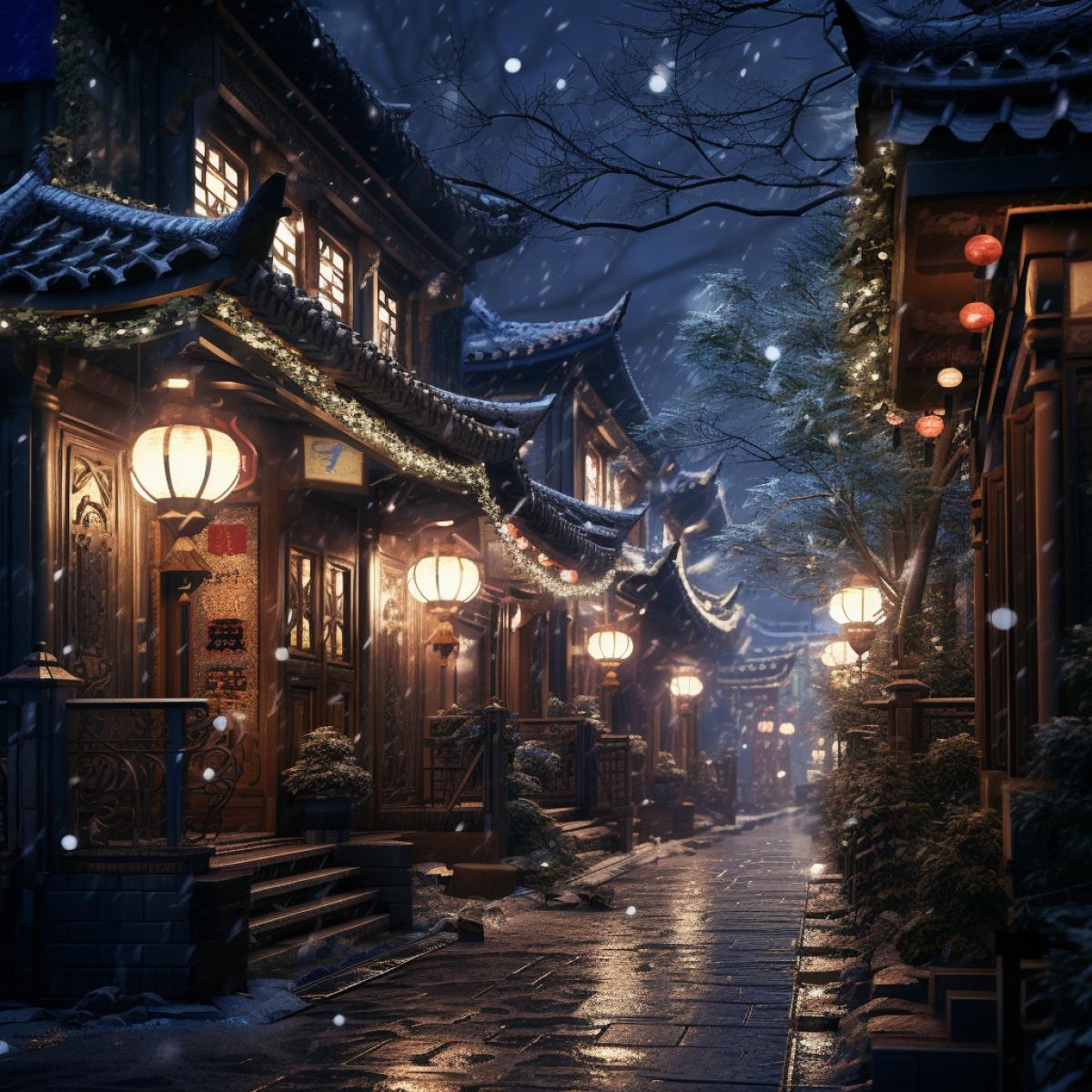 a very narrow path of a street in Seoul, snowfall, night, moon, flashlights, intricate details, rich colors, rich vegetation, ornate, cinematic, symmetrical, beautiful lighting, V-Ray render, utopian, magical lights, photorealistic,