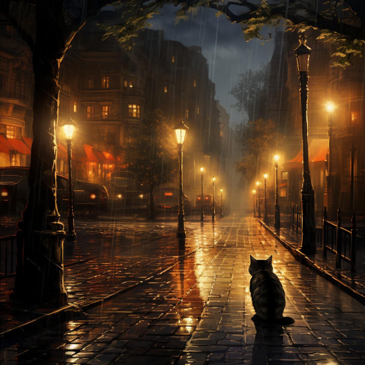 an empty stree in the rain, with only a cat , lit by street lamps