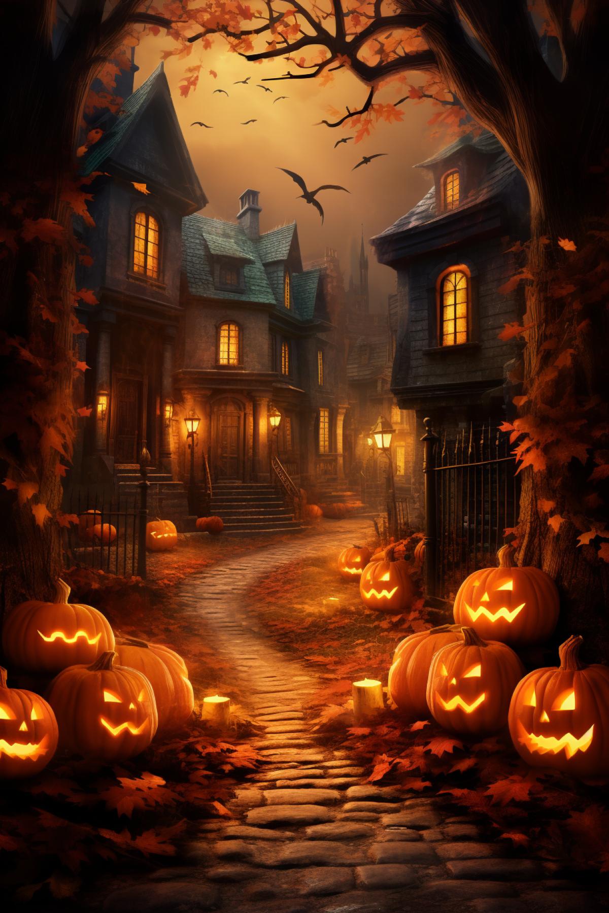 Glowing pumpkins, Halloween, autumn, October, cosy village street, photorealistic