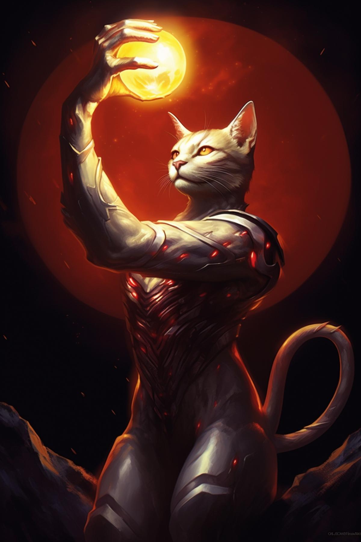 A humanoid cat holds a bright glowing heart on his outstretched arm.