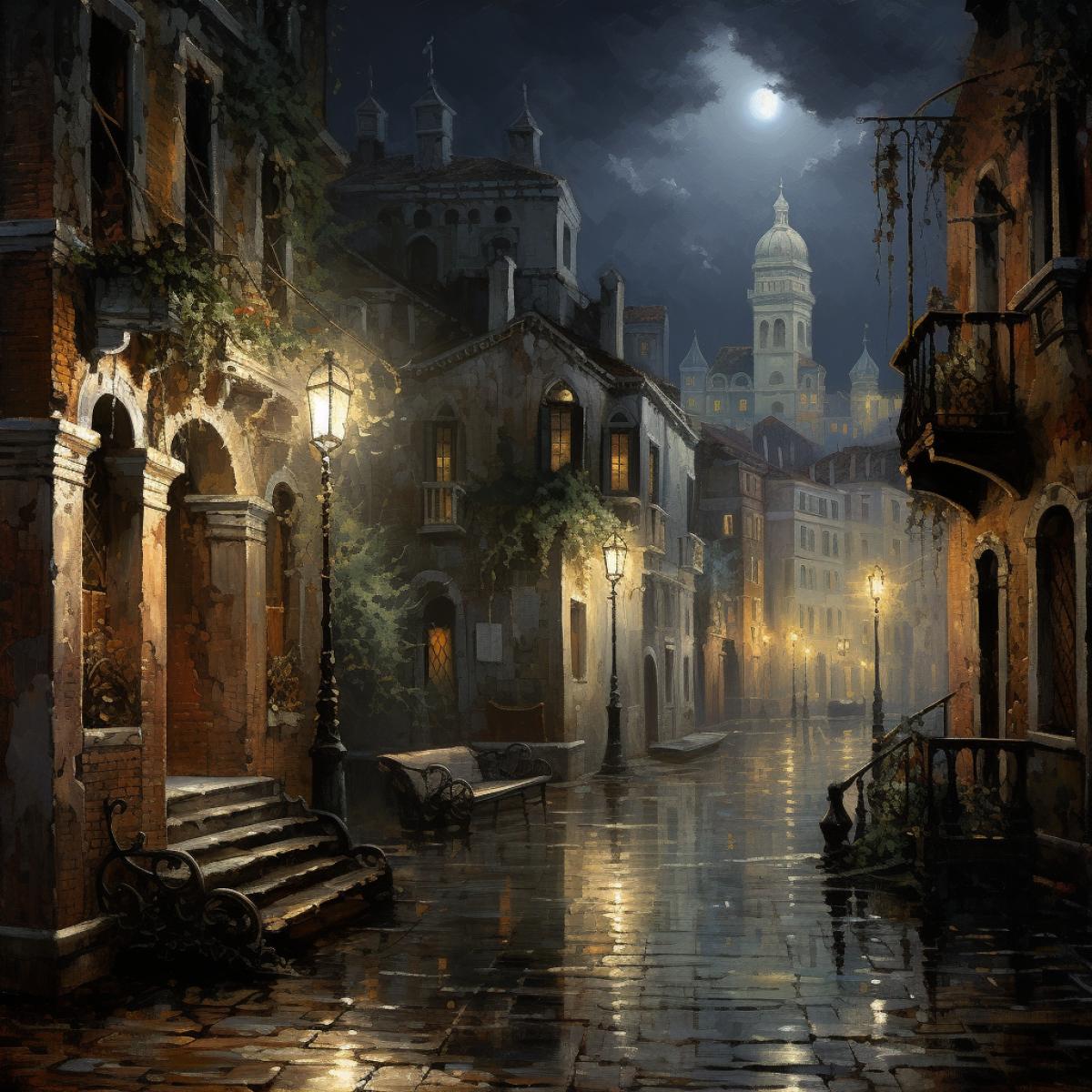 dark street at night Venice lamps, beautiful, Harry Potter style, benches, night life,Thomas Kinkade Anne Nadja Baxter Edouard Bisson stokes Nancy Noel