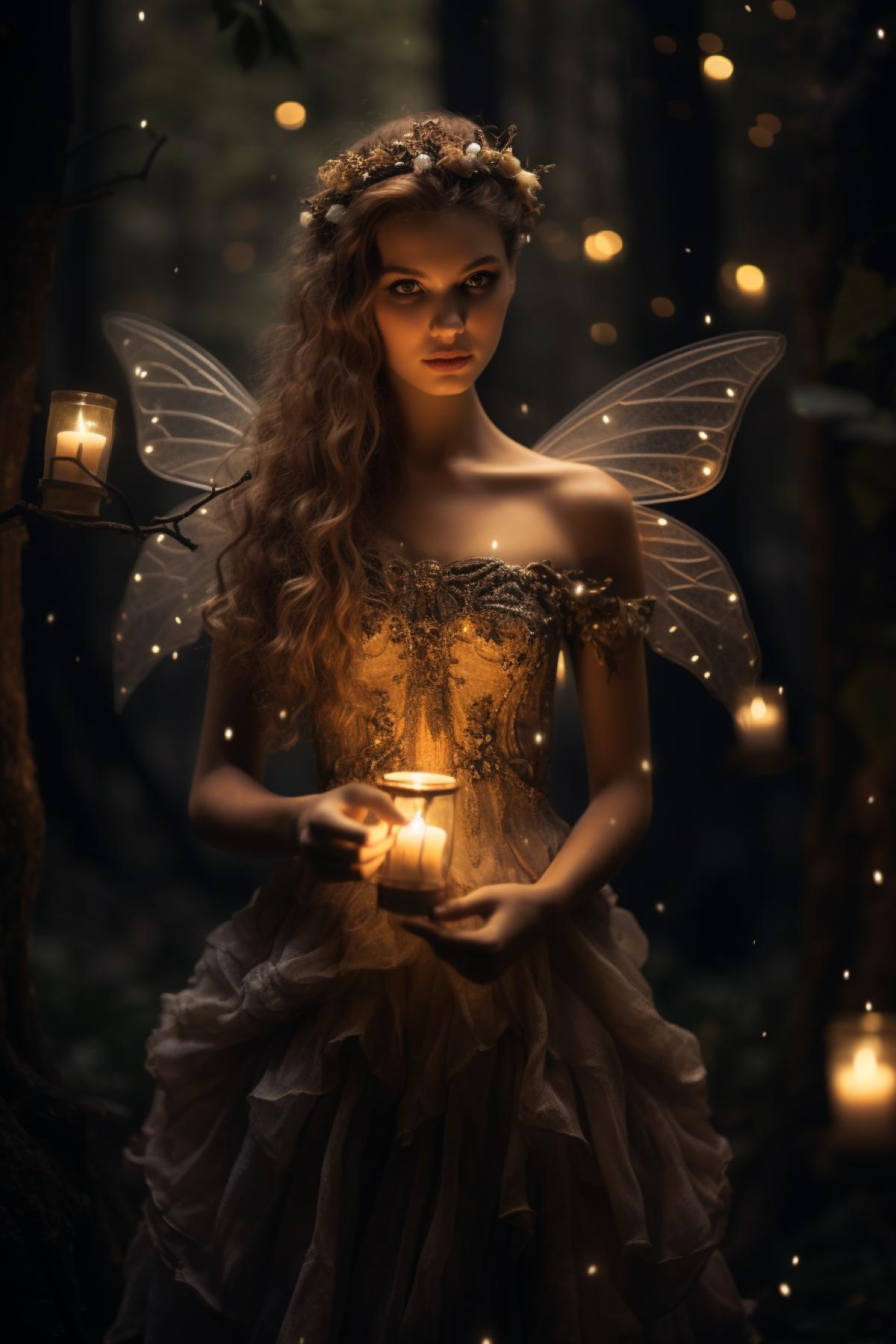 A dense forest in the background with dark trees and soft lighting from lanterns. In the center of the frame is a mysterious fairy with delicate wings, emitting light.2. Descriptive keywords: Magic, intrigue, mystery, night, nature.3. Camera Type: Use a low-light, high-resolution camera to capture the details of the fairy and the surrounding forest.4. Camera Lens: Use a large aperture lens to blur the background and draw attention to the fairy and her smoke.5. Color scheme: Use dark, rich colors to convey the night atmosphere of the forest, and for the fairy, use light, pastel colors to emphasize its mystery and beauty