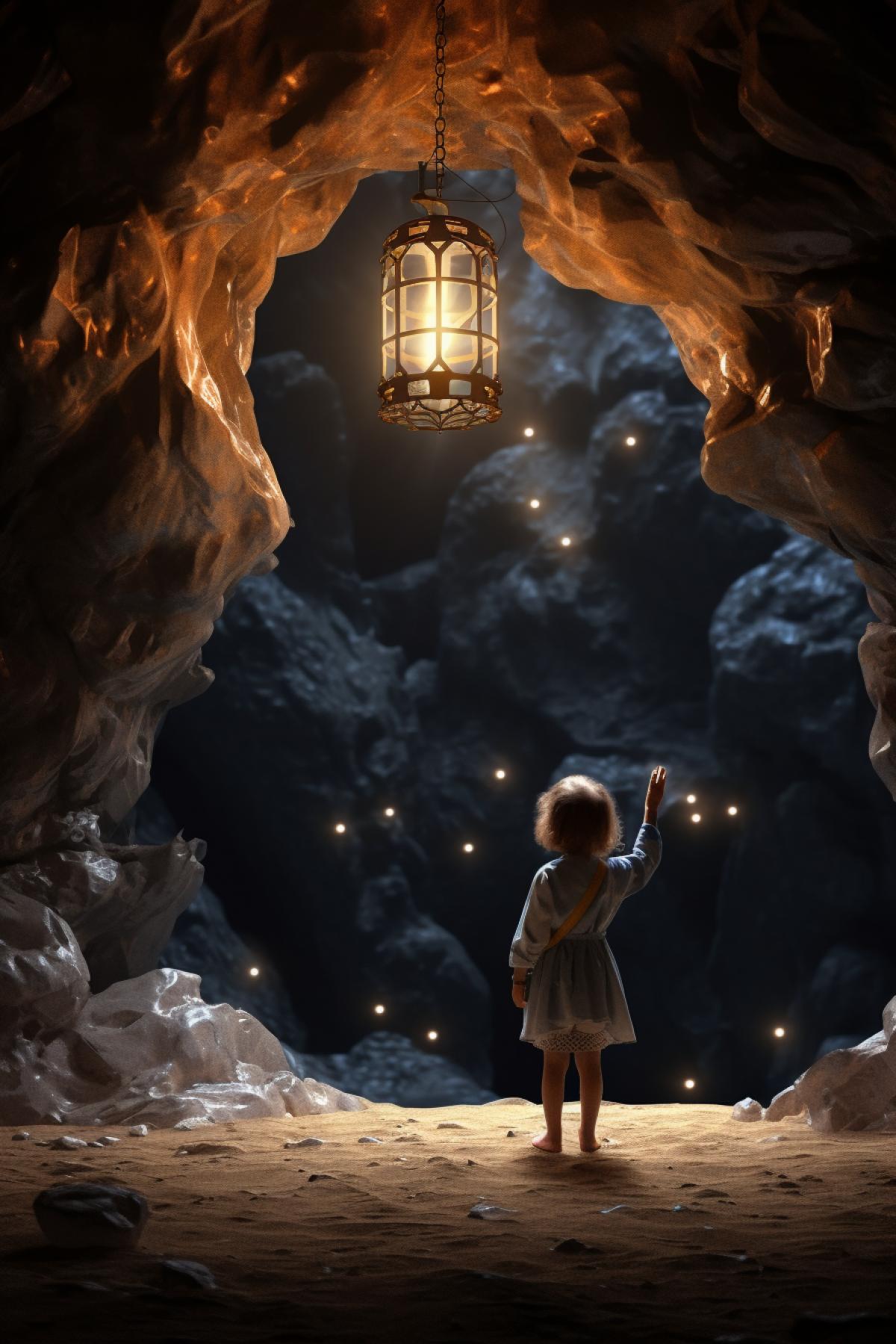 little girl in a huge cave hold in the right hand a lantern and watching to the cave, 4k, realistic image