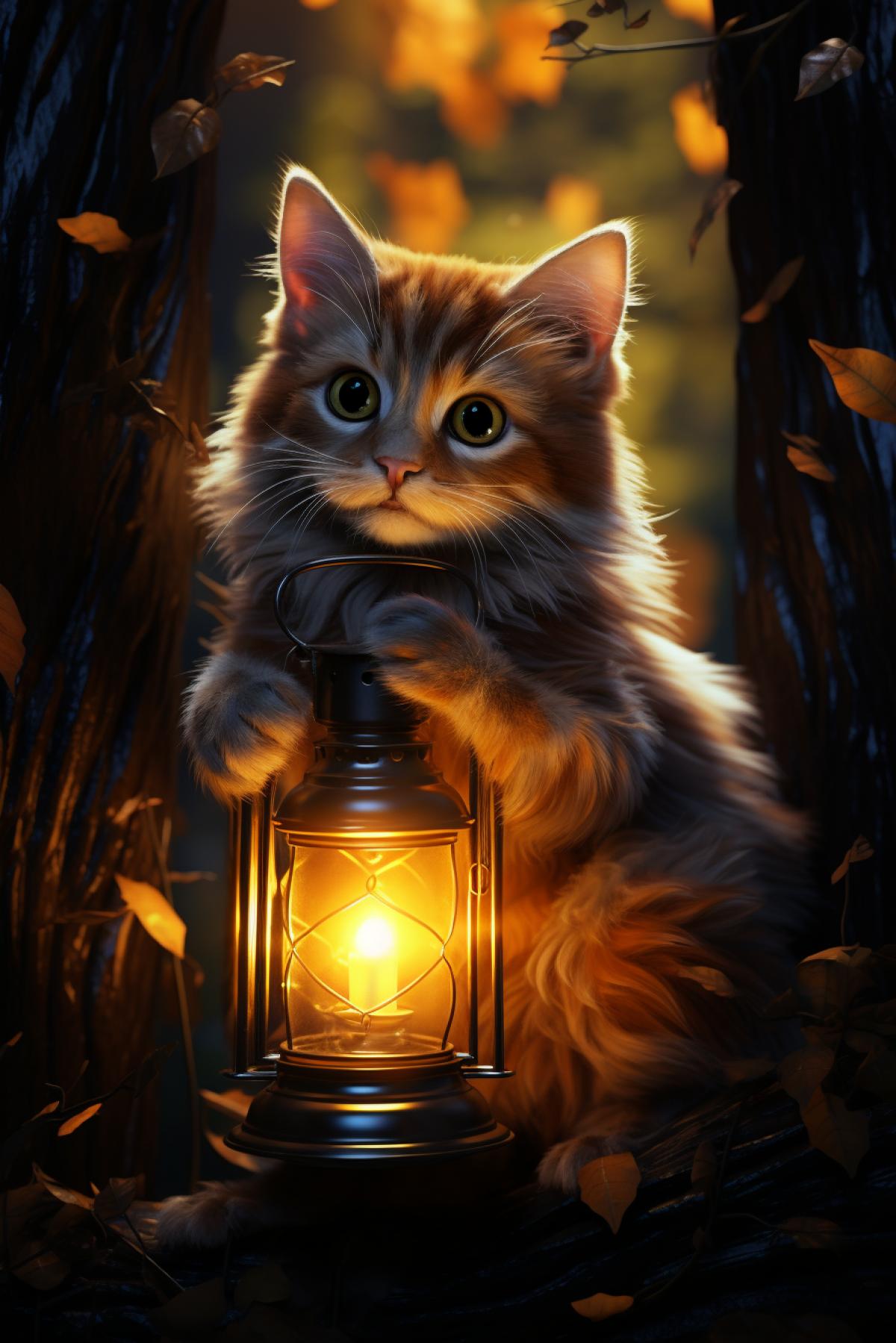 A cat hugs a magic lantern with a glowing fairy inside, photorealistic, atmospheric