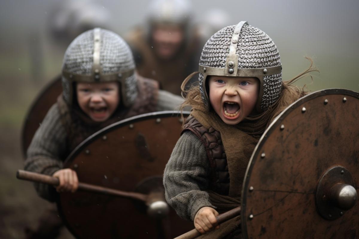 stern little Vikings in full battle dress are eager to fight with weapons in their hands
