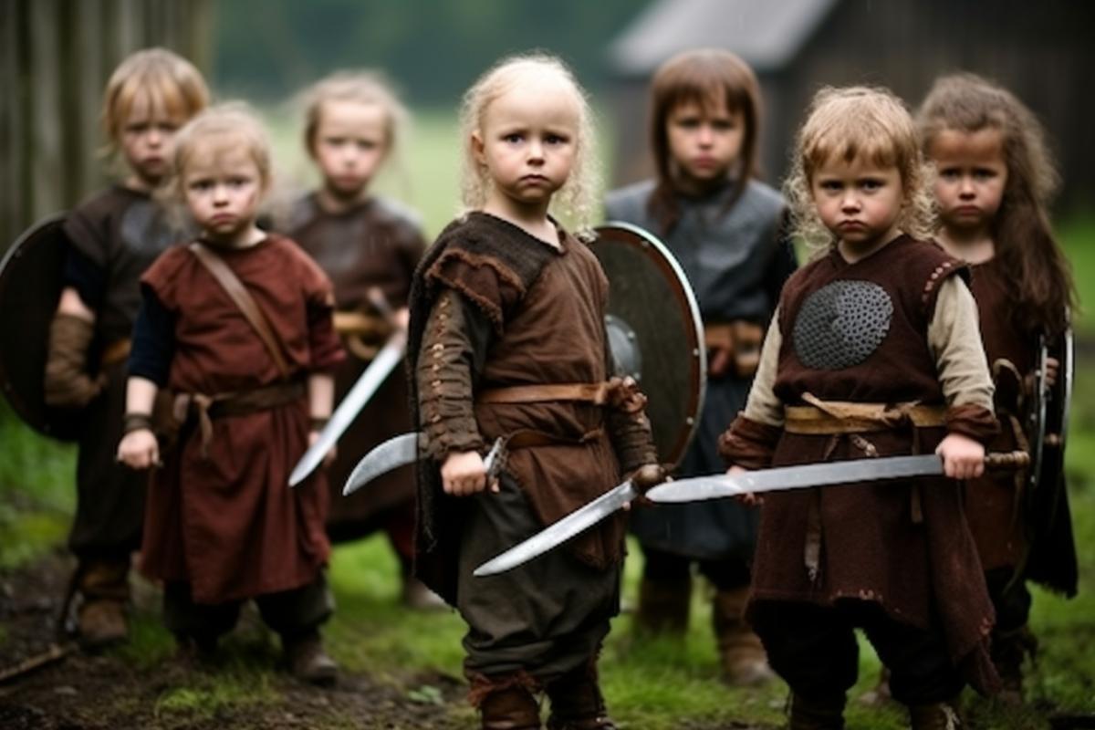 stern little Vikings in full battle dress are eager to fight with weapons in their hands