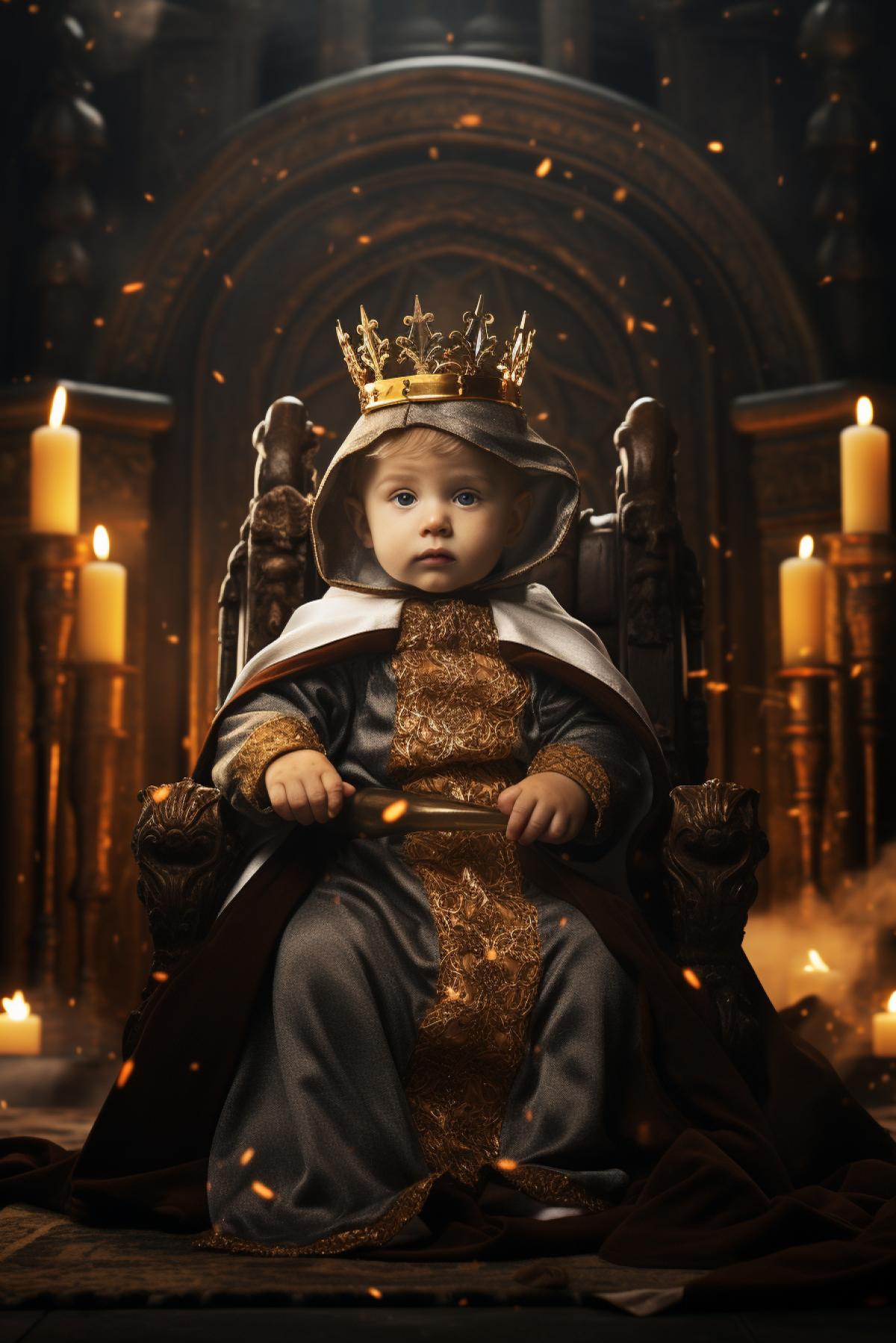 Infant looking like a king sitting on a throne in a stone hall, wearing a golden crown and baby, torches burning on the sides, cross lighting, Matte Fashion Photoshop Action.
