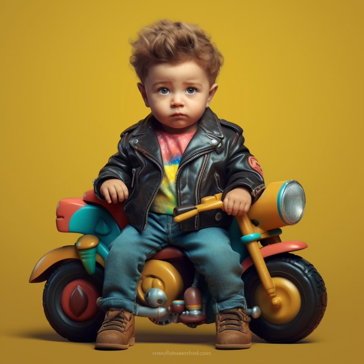 cool baby, leather jacket, toys, motorcycle and car Bright colors