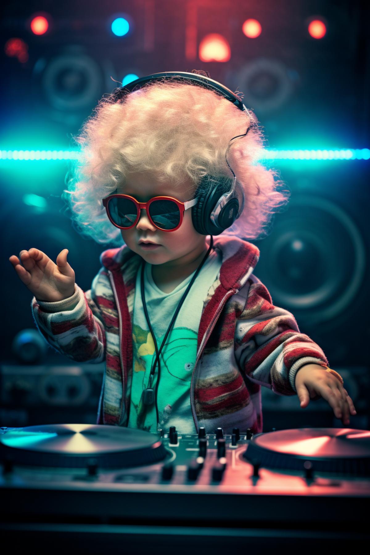 Cool baby DJ rocking the audience of a night club, artificial light, tinted photo