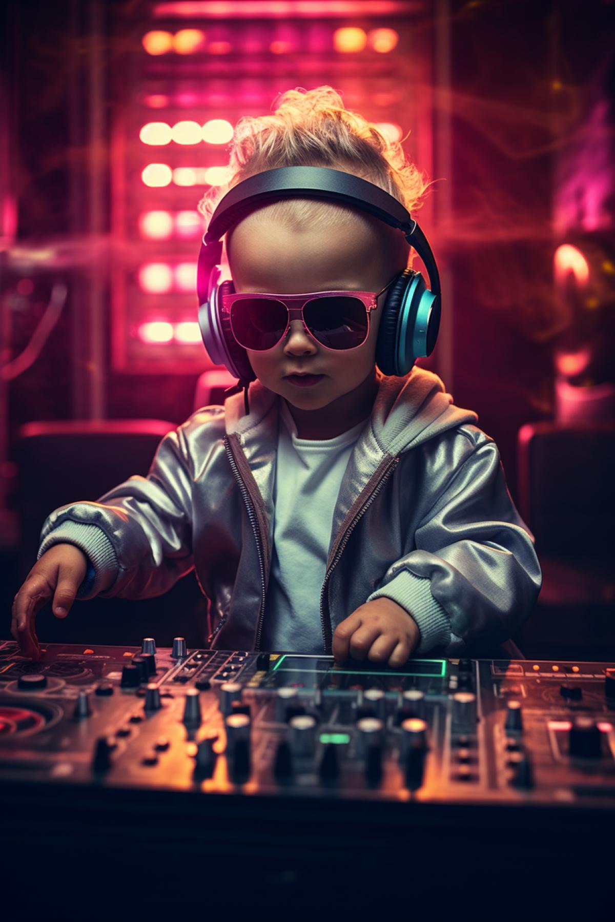 Cool baby DJ rocking the audience of a night club, artificial light, tinted photo