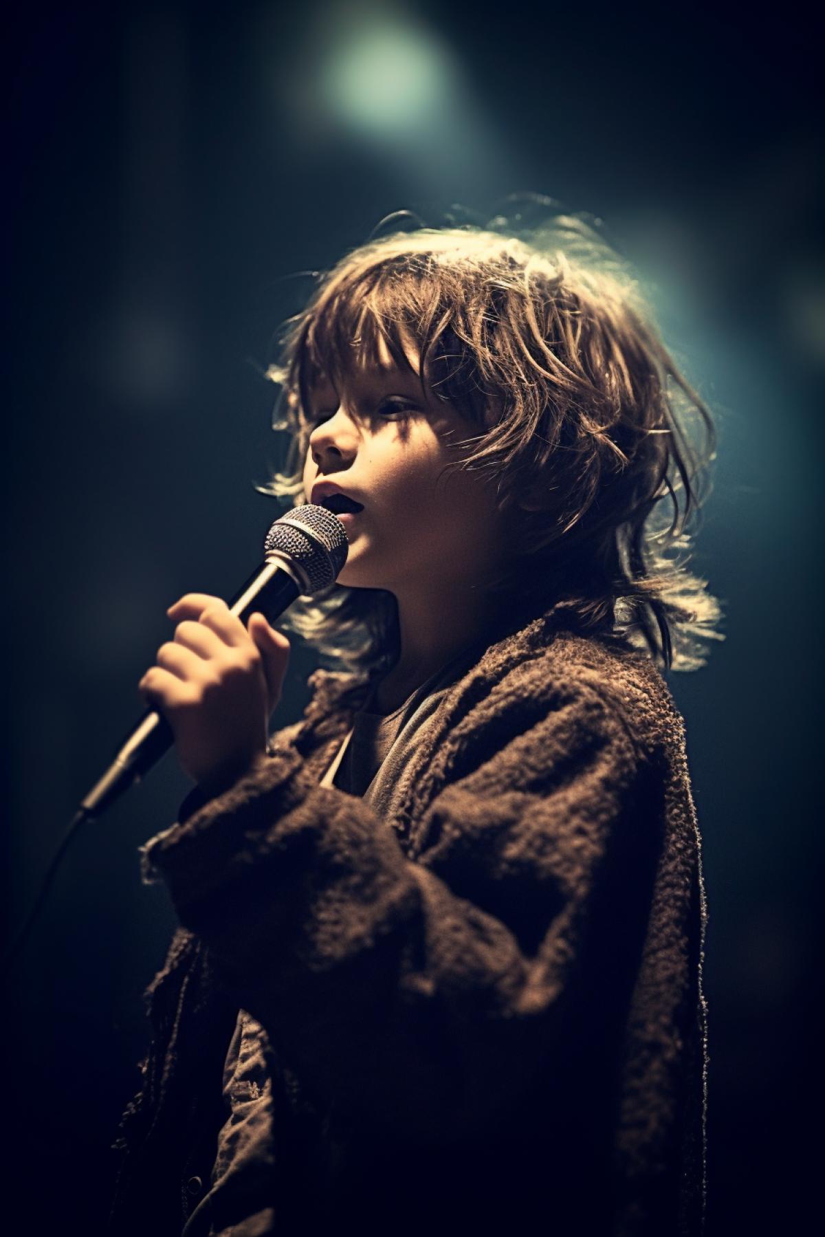 A young boy, 6 years old, style as Jim Morrison, a concert, lights, smoke, alcohol, microphone, 60xx, girls, funs. ((((cinematic look)))), soothing tones, insane details, intricate details, hyperdetailed, low contrast, soft cinematic light, dim colors, exposure blend, hdr, faded, slate gray atmosphere
