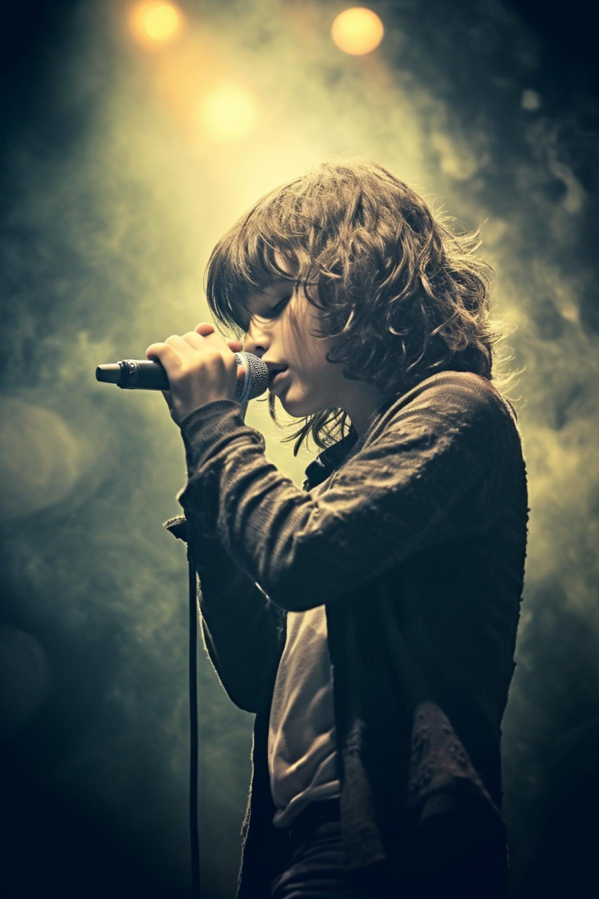 A young boy, 6 years old, style as Jim Morrison, a concert, lights, smoke, microphone, 60xx, girls, funs. ((((cinematic look)))), soothing tones, insane details, intricate details, hyperdetailed, low contrast, soft cinematic light, dim colors, exposure blend, hdr, faded, slate gray atmosphere