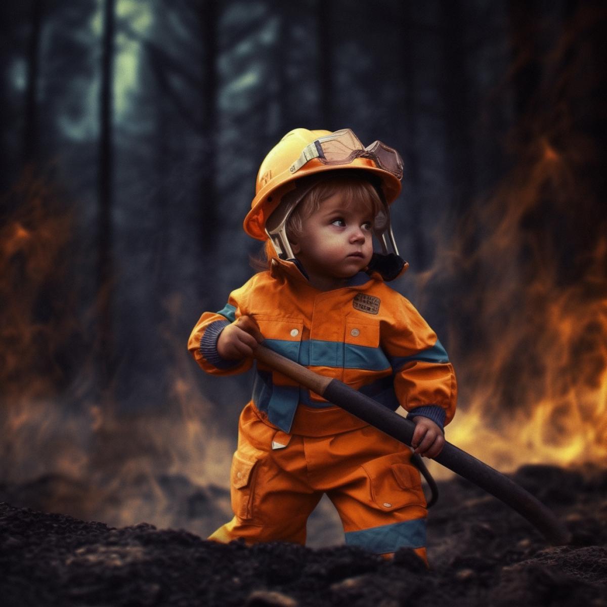 a child in a firemans uniform and helmet bravely extinguishes a fire
