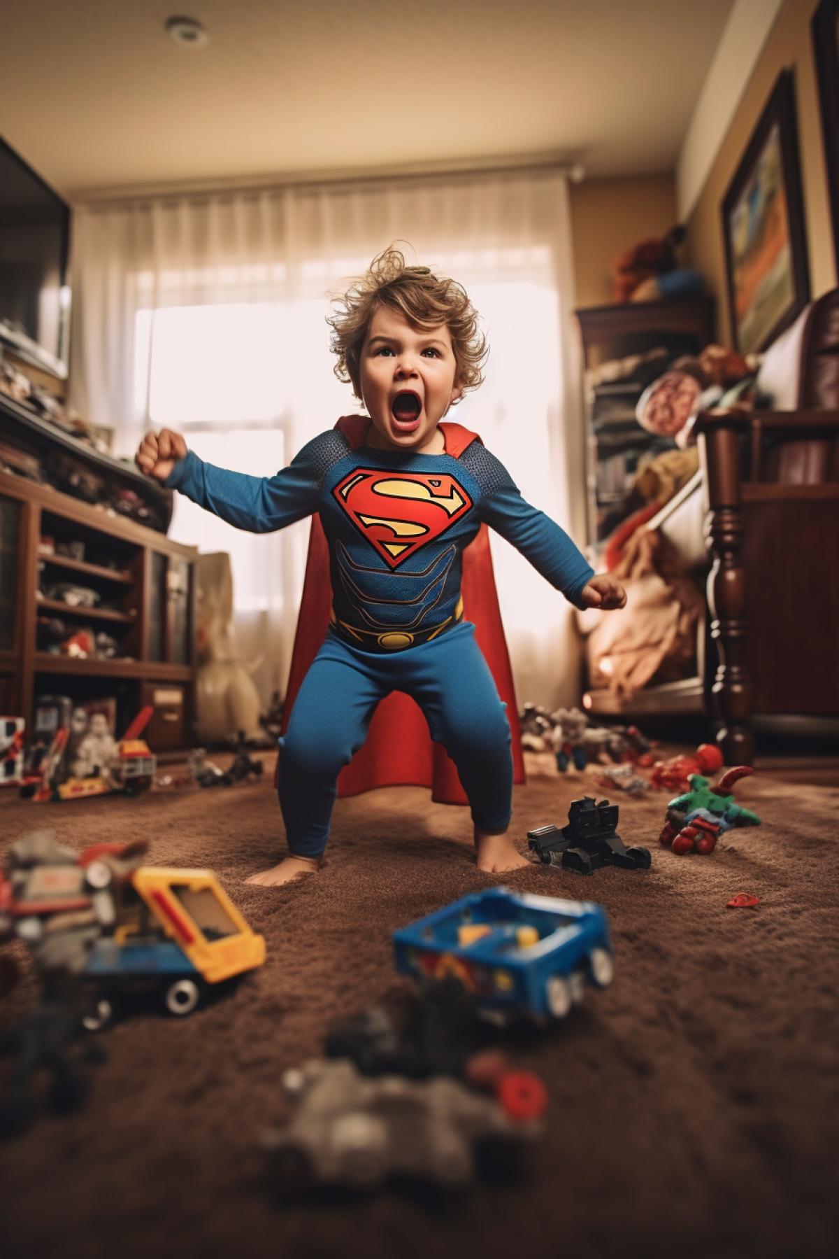 Boy, 3 years old. In a Superman costume, hes battling toy supervillains.