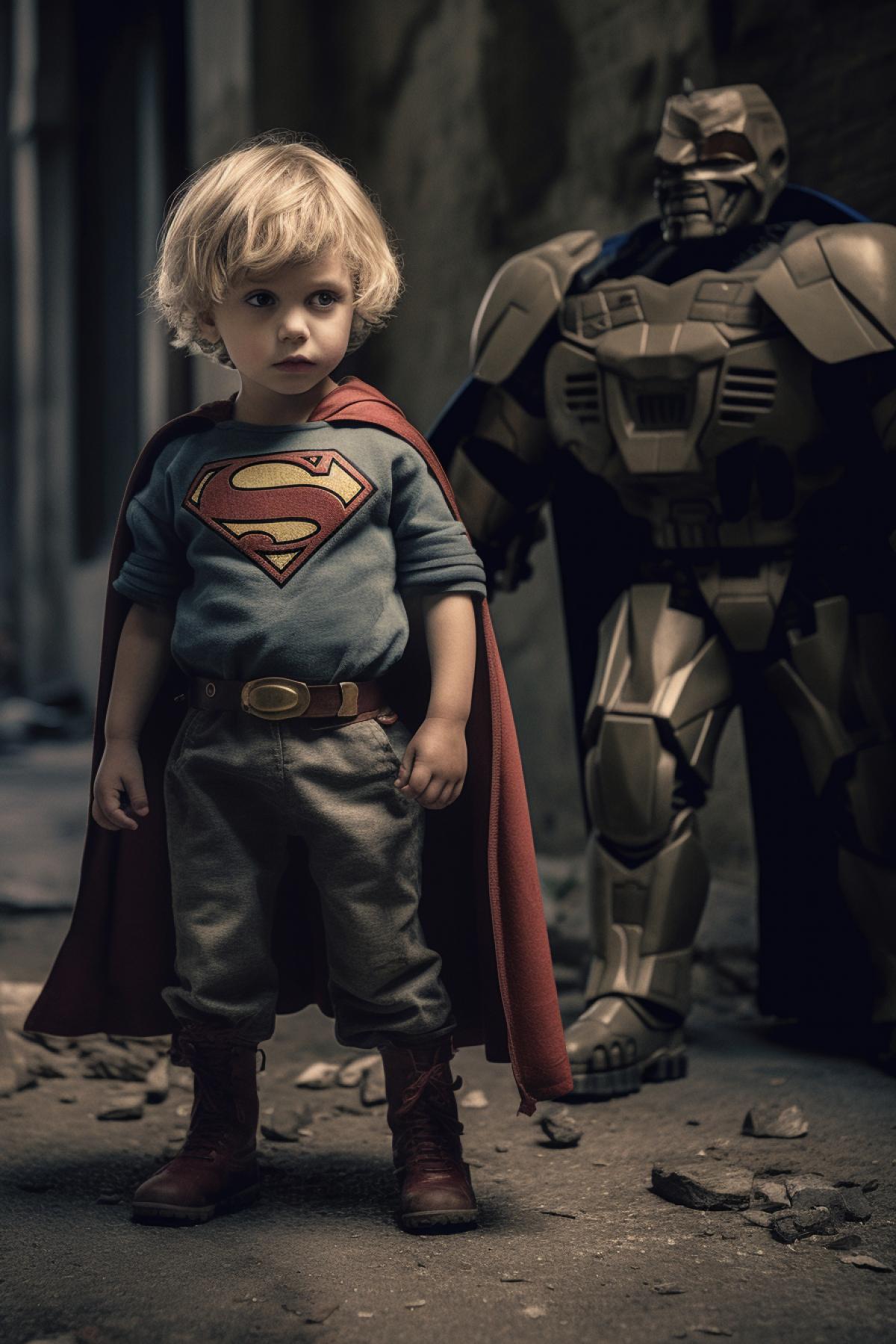 War of boys, 3 years old. In a Superman costume with a Lex Luthor toy. cinematic look, soothing tones, insane details, intricate details, hyperdetailed, low contrast, soft cinematic light, dim colors, exposure blend, hdr, faded, slate gray atmosphere