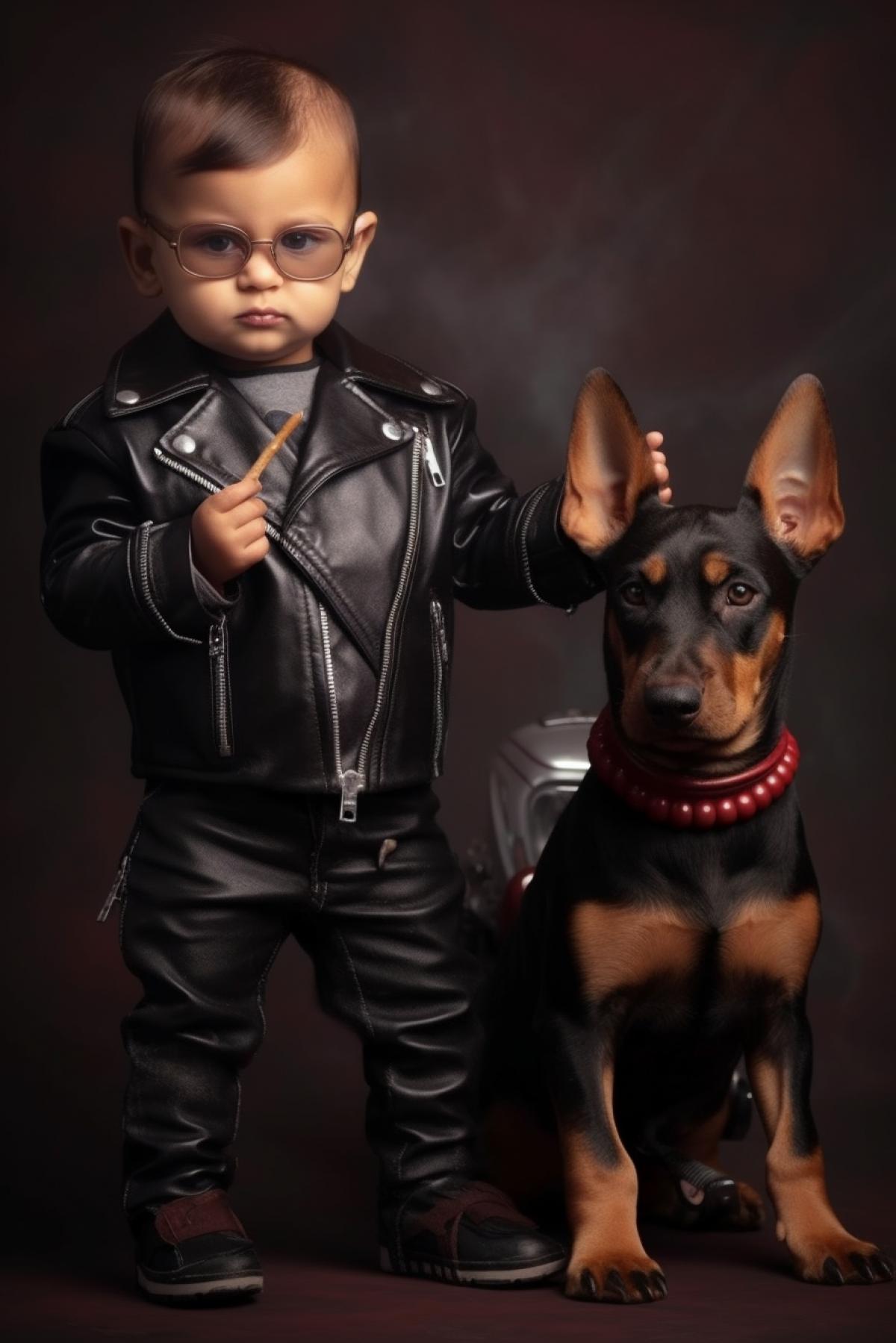 baby child in a leather jacket takes lollipop from an angry doberman.