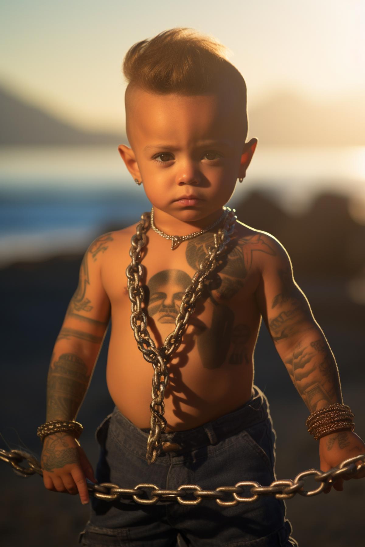 Infant bodybuilder on the coast, gold chain around the neck, directional sunlight, photo with color correction