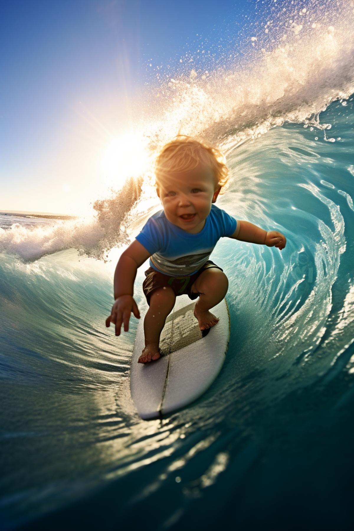 Infant surfer riding the crest of a wave, brilliant spray, bright light, short shutter speed photo